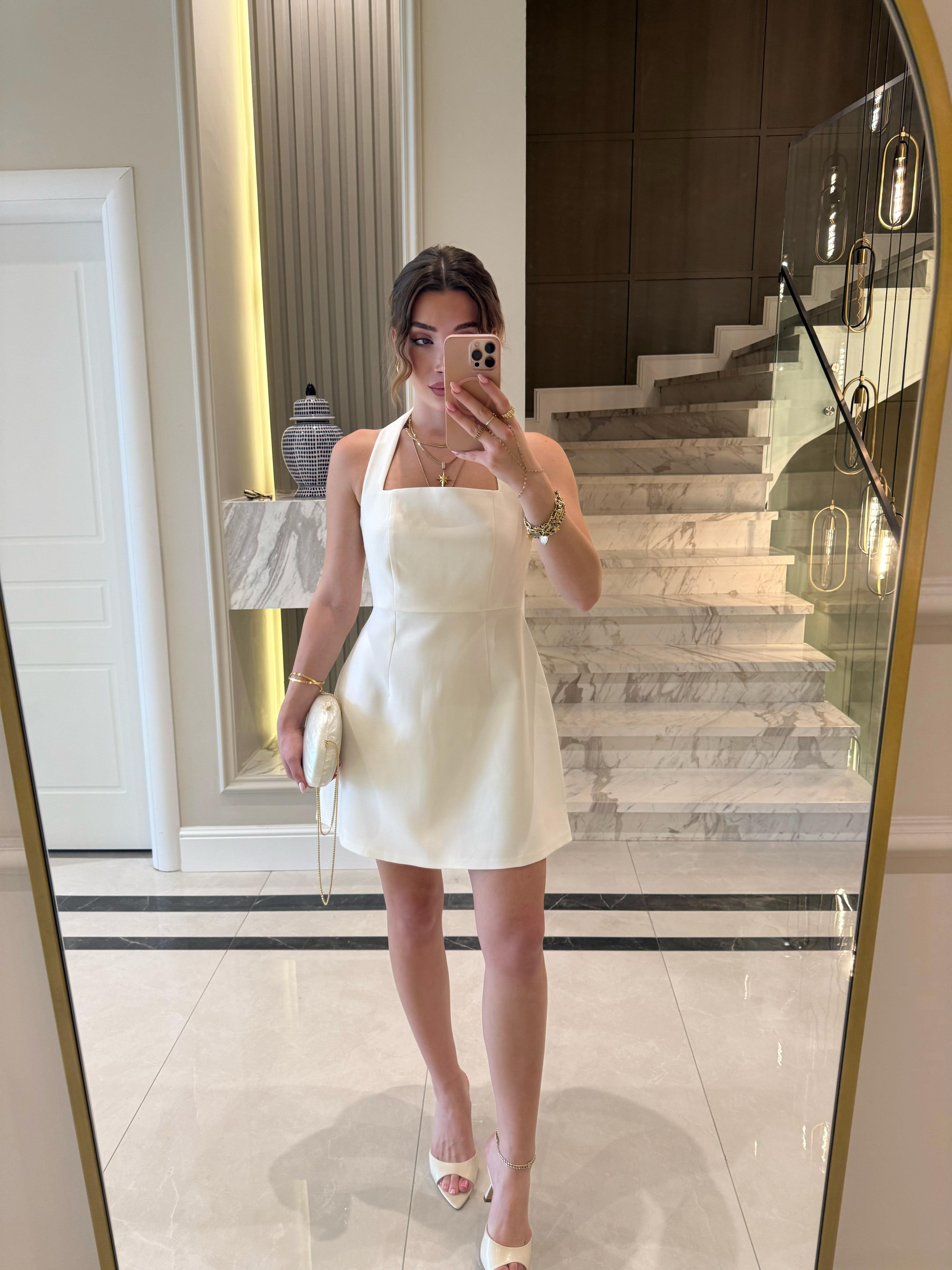 Beyaz Boyunda Askılı Mini Elbise-12328