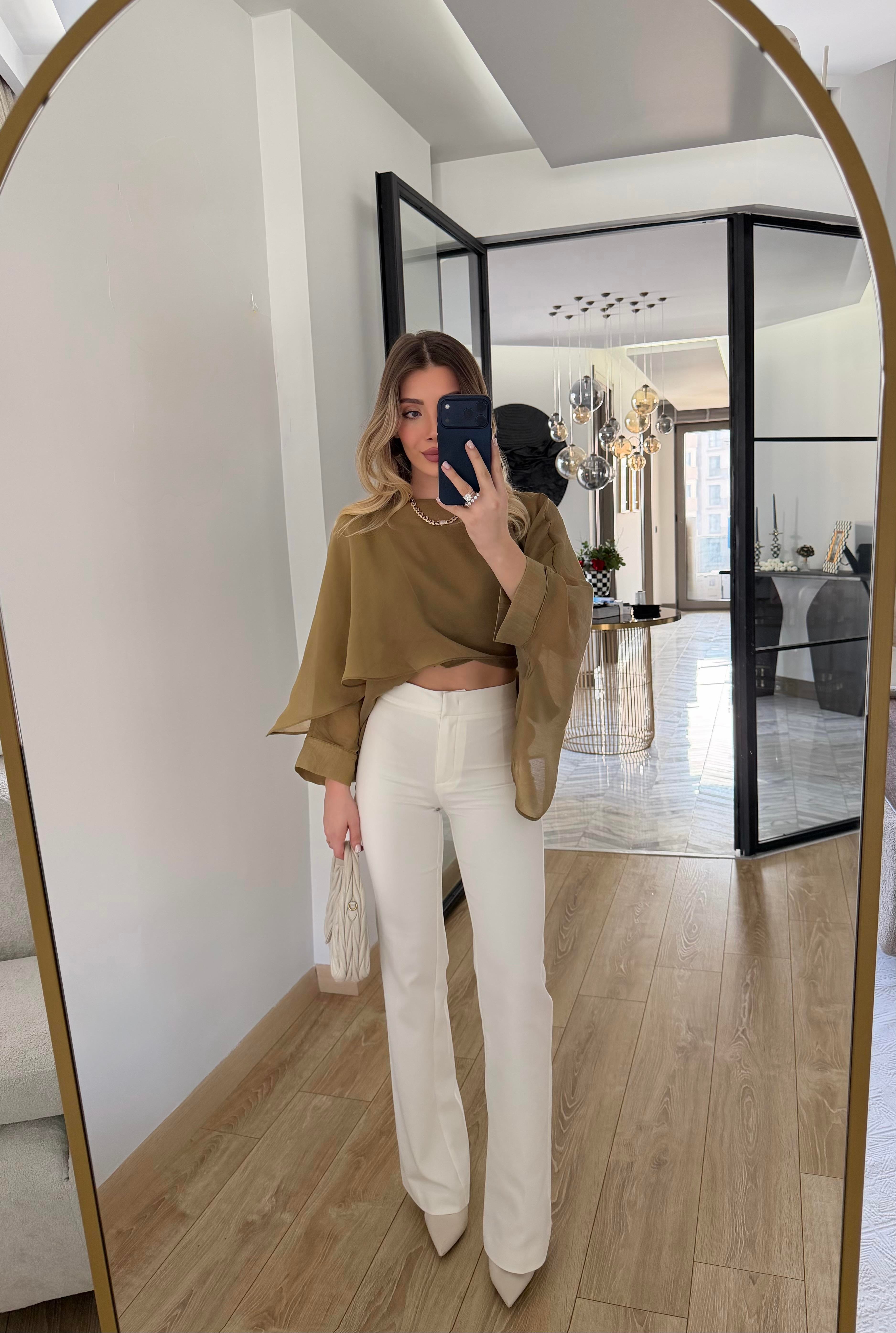 Beyaz Çan Paça Pantolon -72641