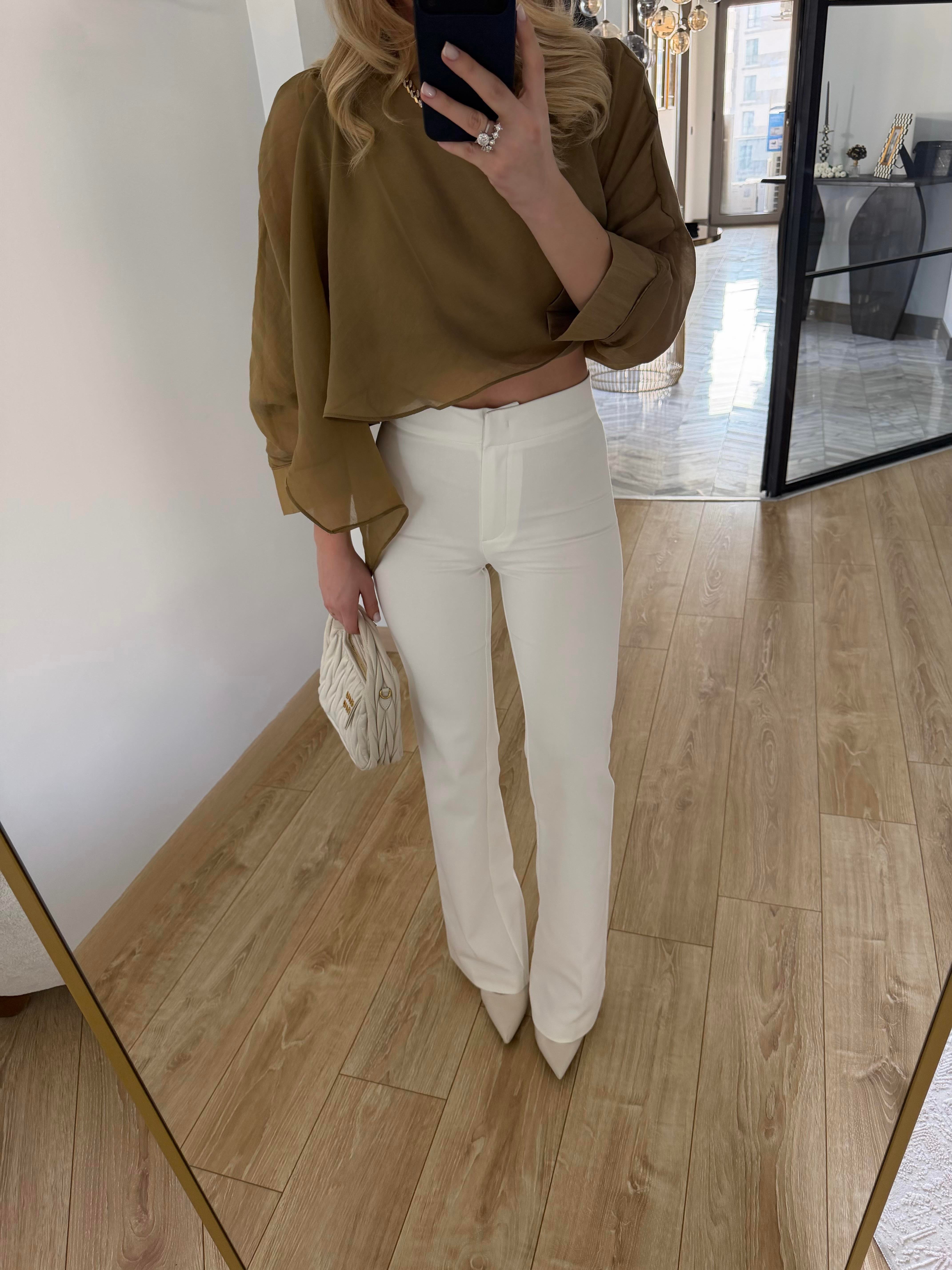 Beyaz Çan Paça Pantolon -72641