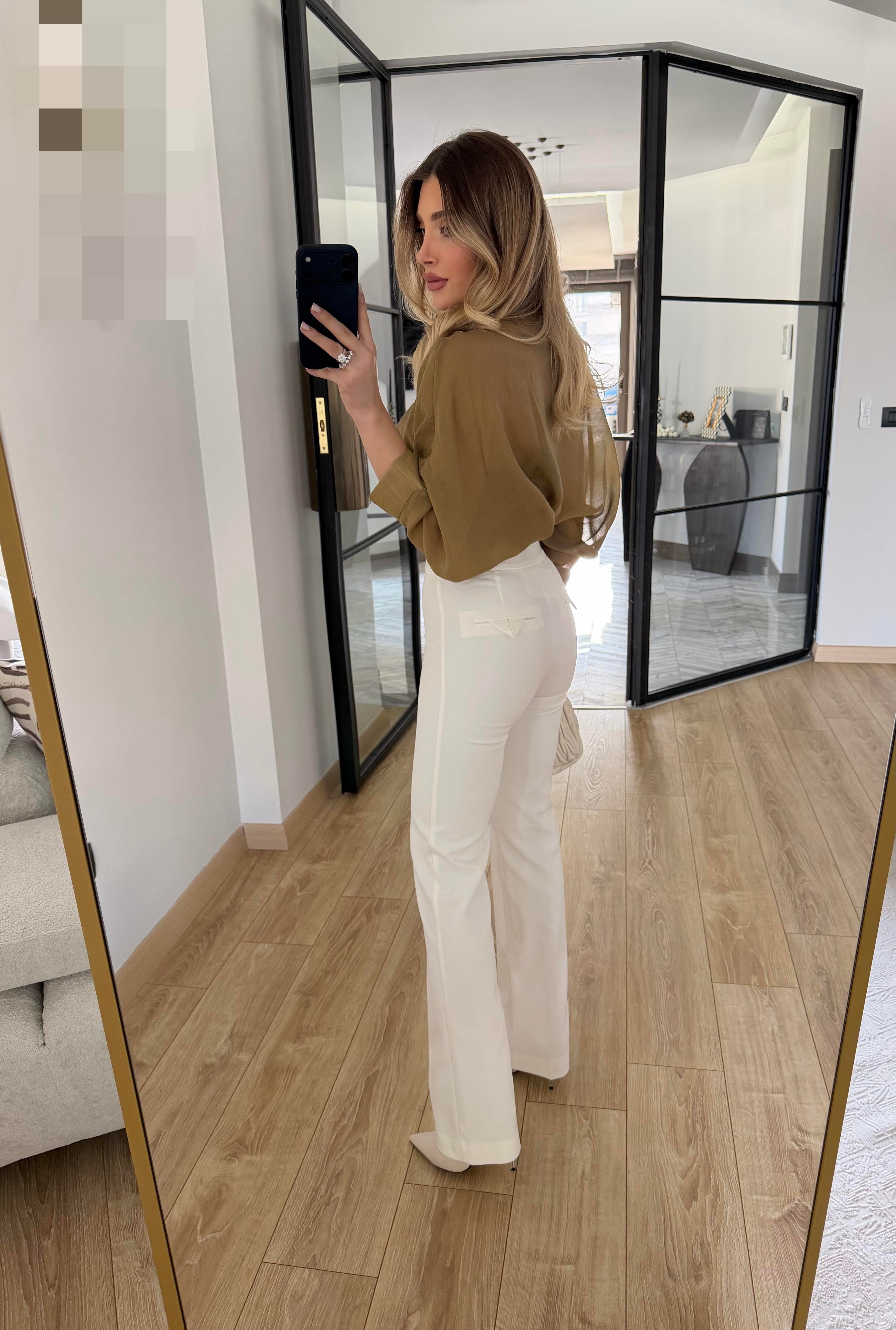 Beyaz Çan Paça Pantolon -72641