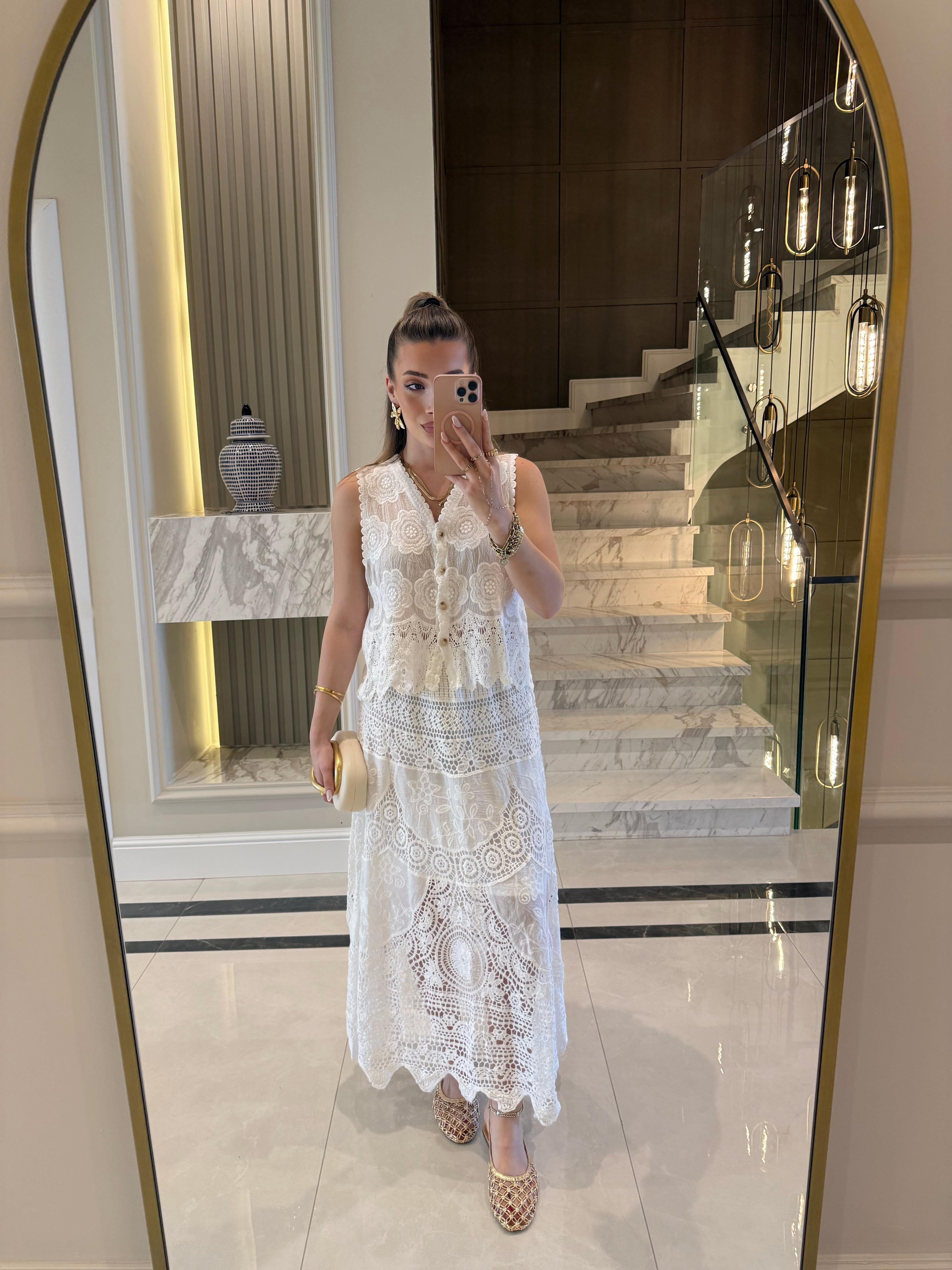 Beyaz Dantel Detaylı Maxi Etek