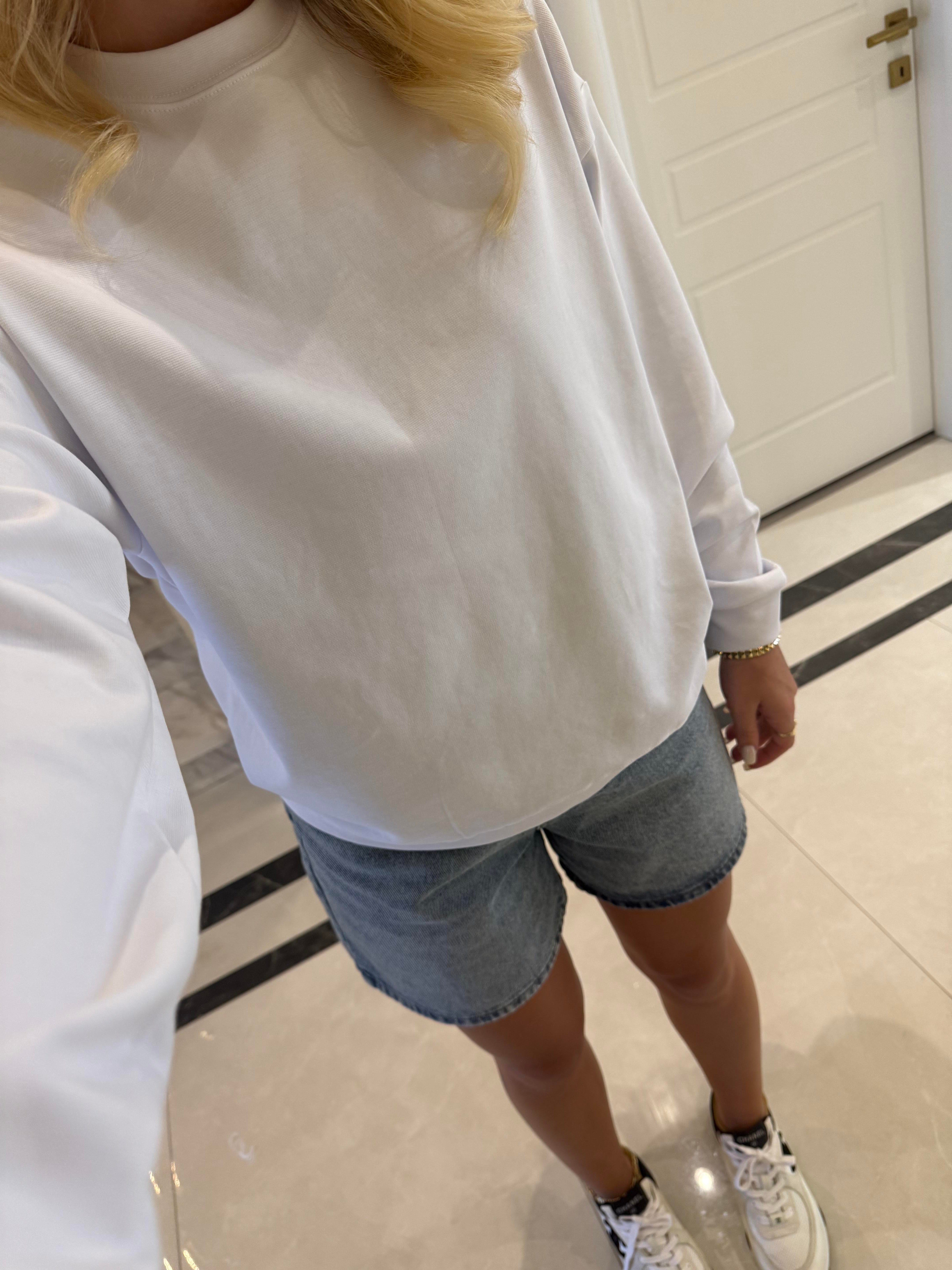 Beyaz Düz Basic Oversize Sweatshirt