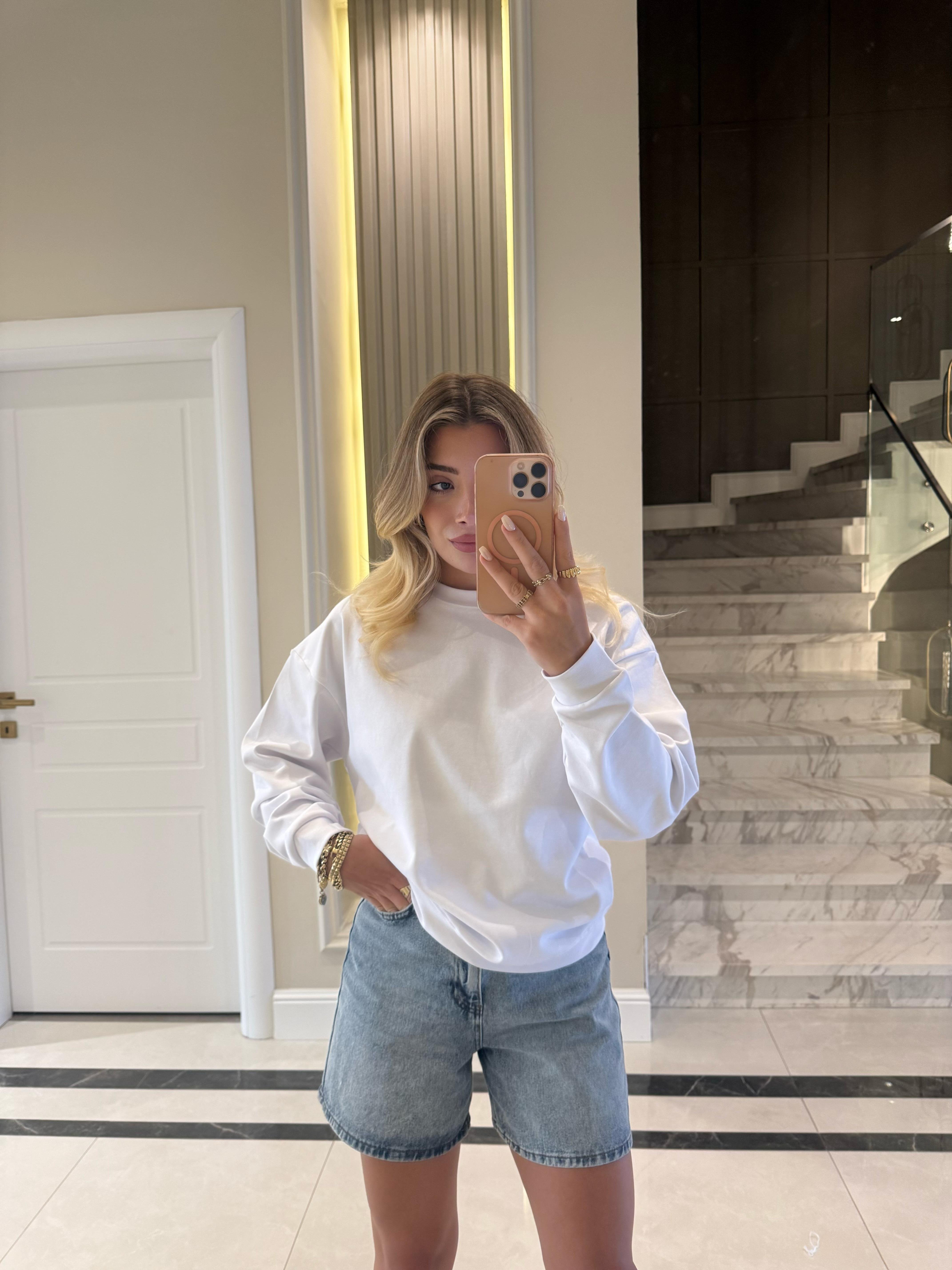 Beyaz Düz Basic Oversize Sweatshirt