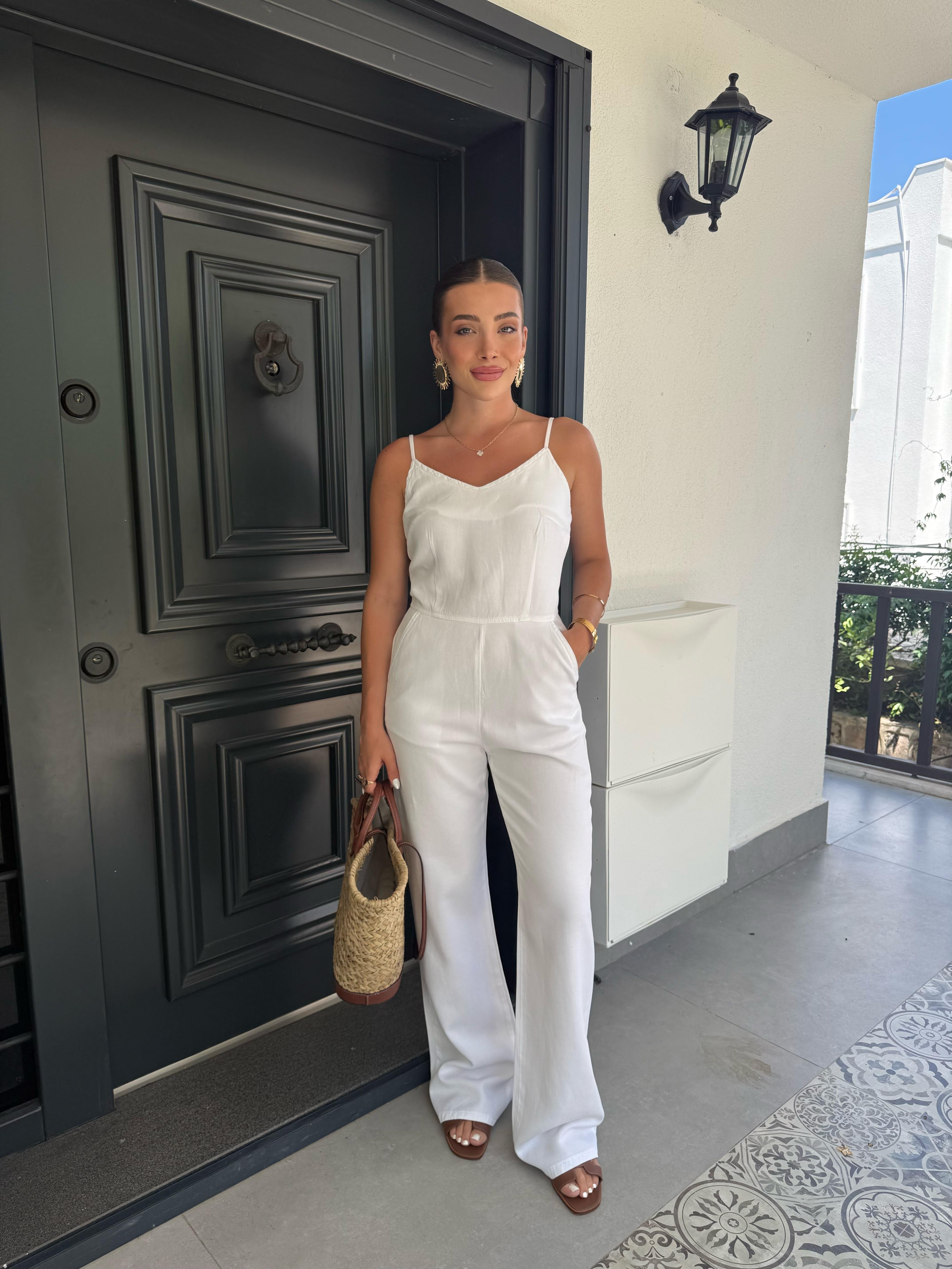 Beyaz İnce Askılı Lyocell Tulum- 72021