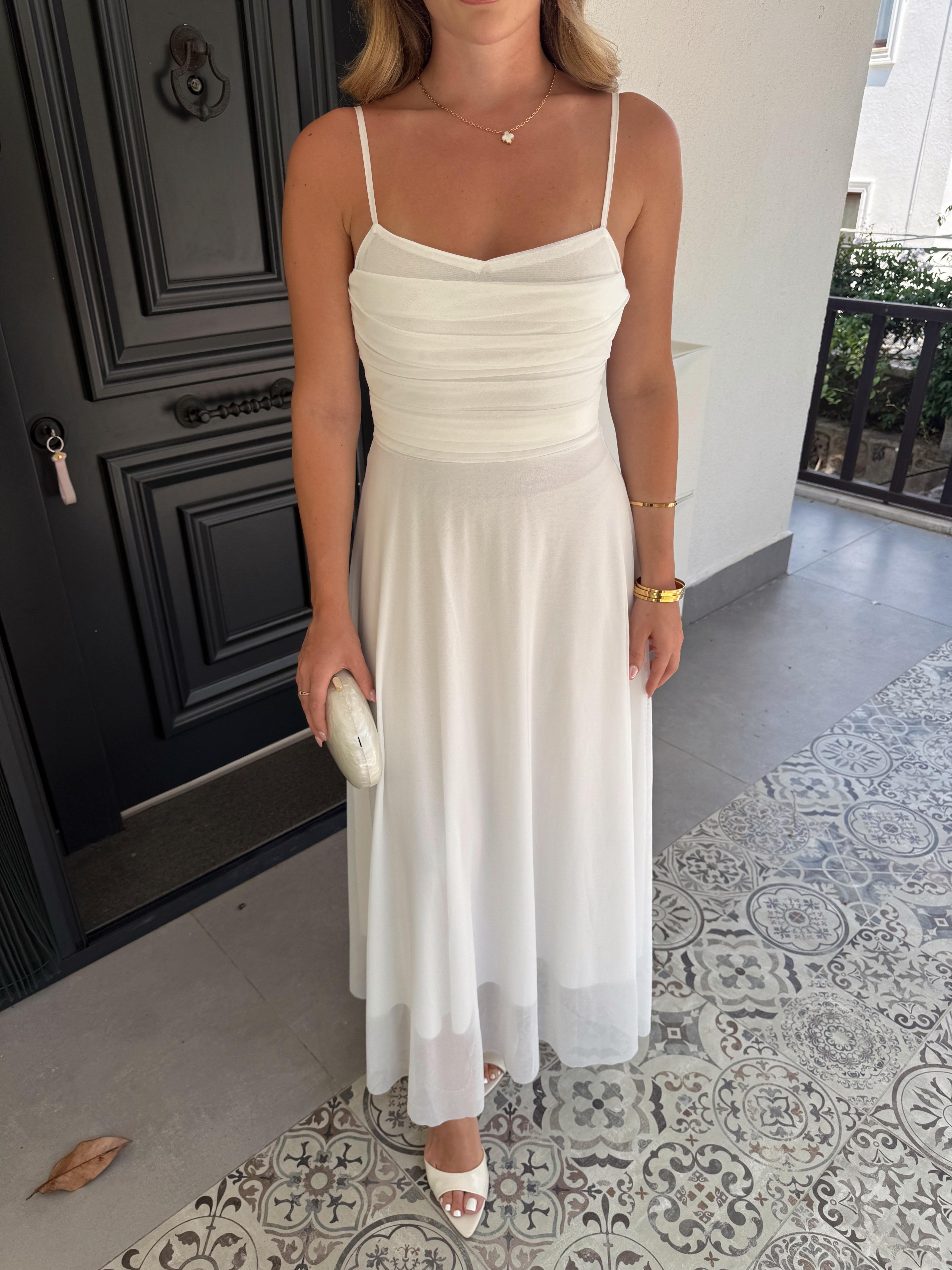 Beyaz İp Askılı  Drapeli Maxi Boy Elbise