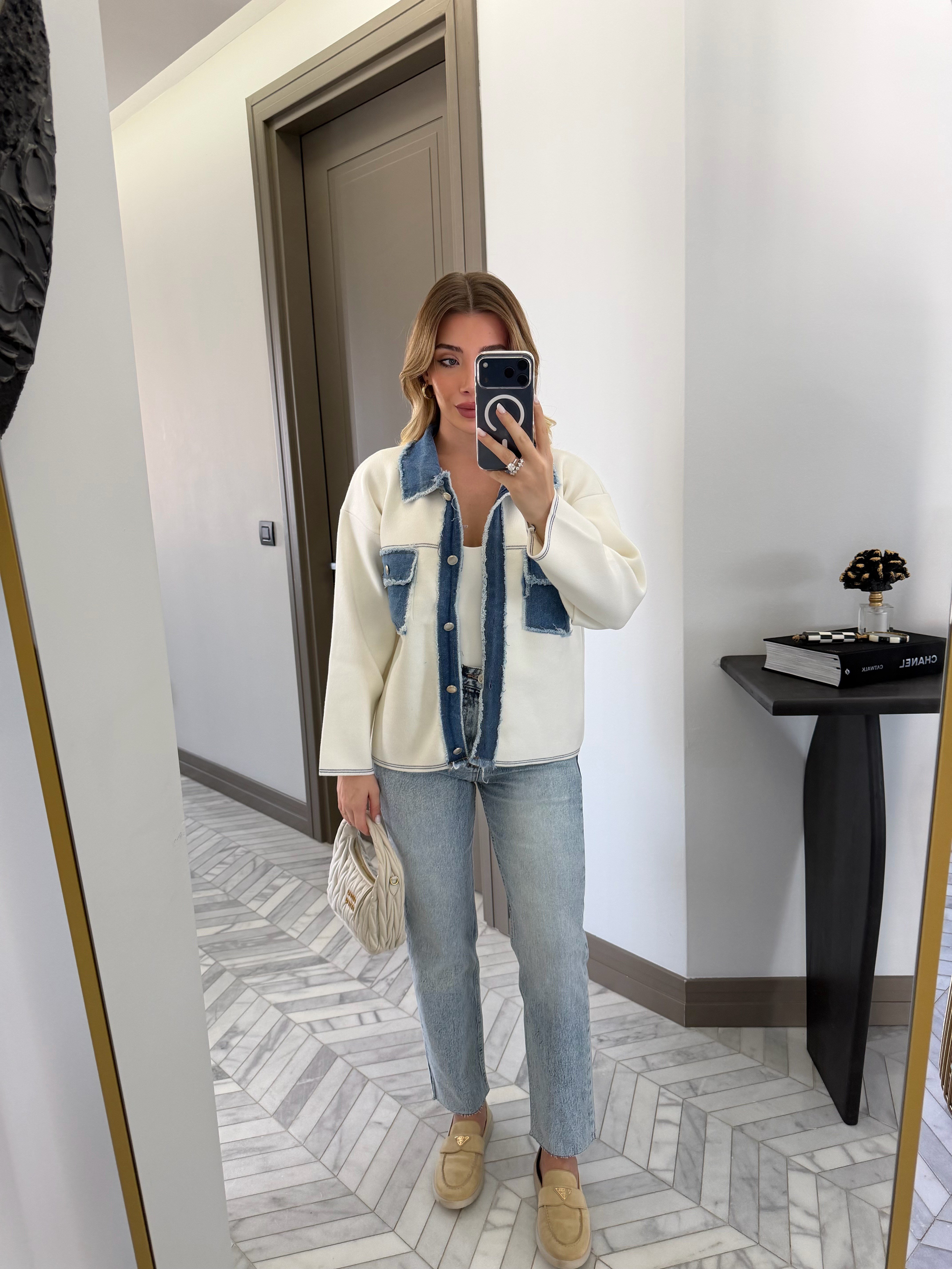 Beyaz Kot Garnili Saçaklı Triko Ceket - 0540