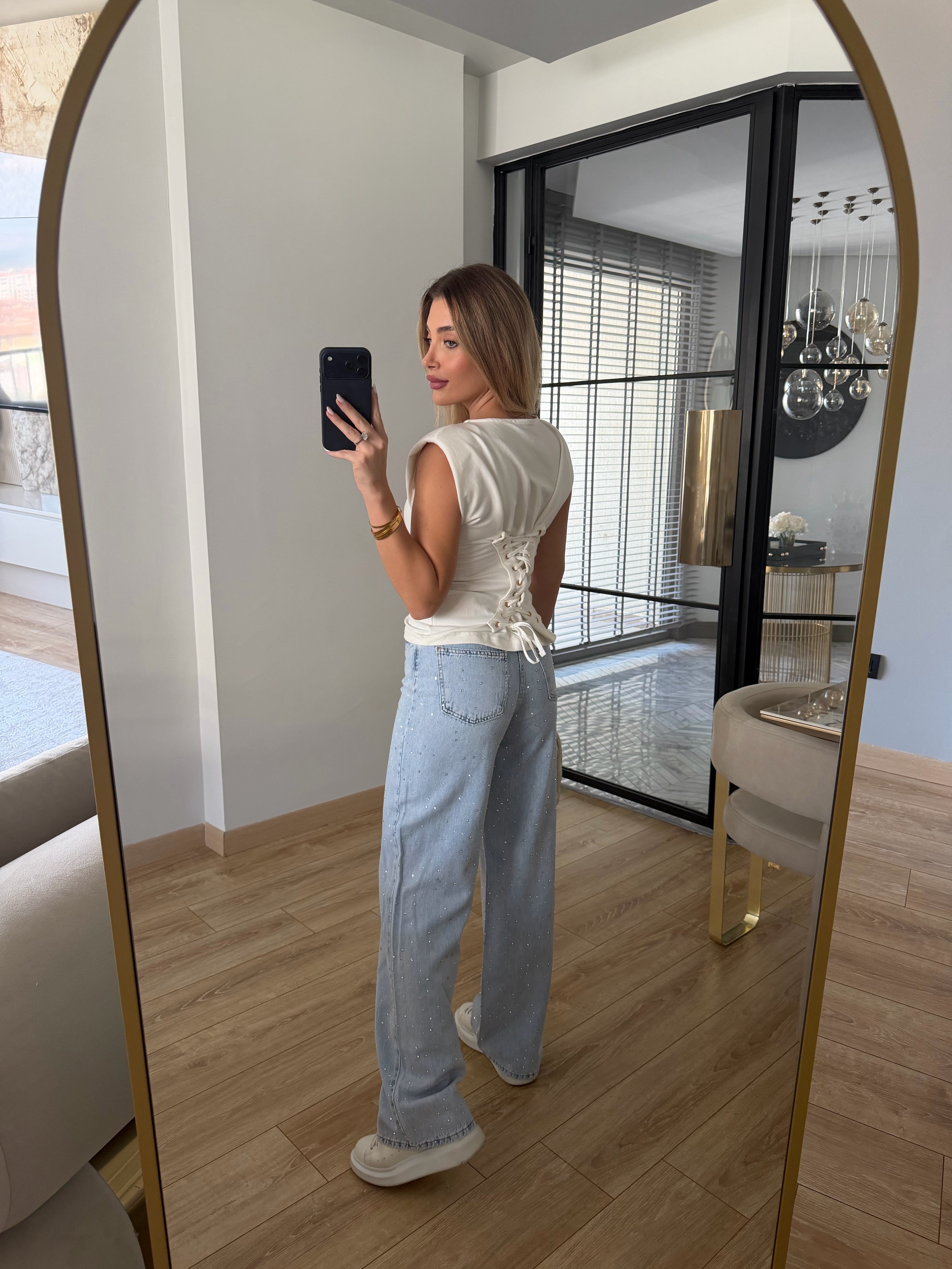 Beyaz  Kuş Gözlü Detaylı Vatkalı T-Shirt - 37375