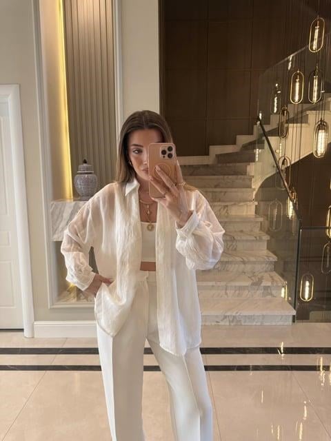 Beyaz Oversize Transparan Tensel Gömlek - 4914