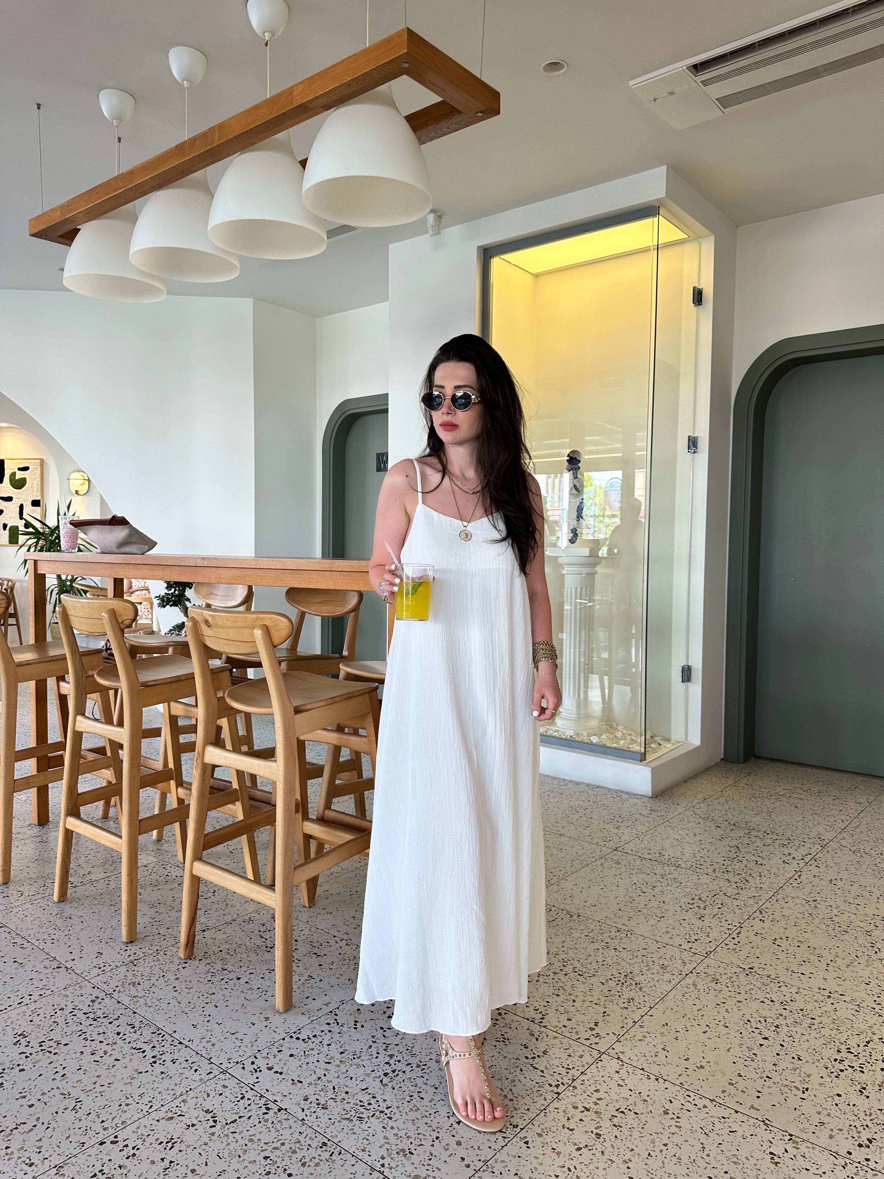 Beyaz Rustik Askılı Midi Elbise