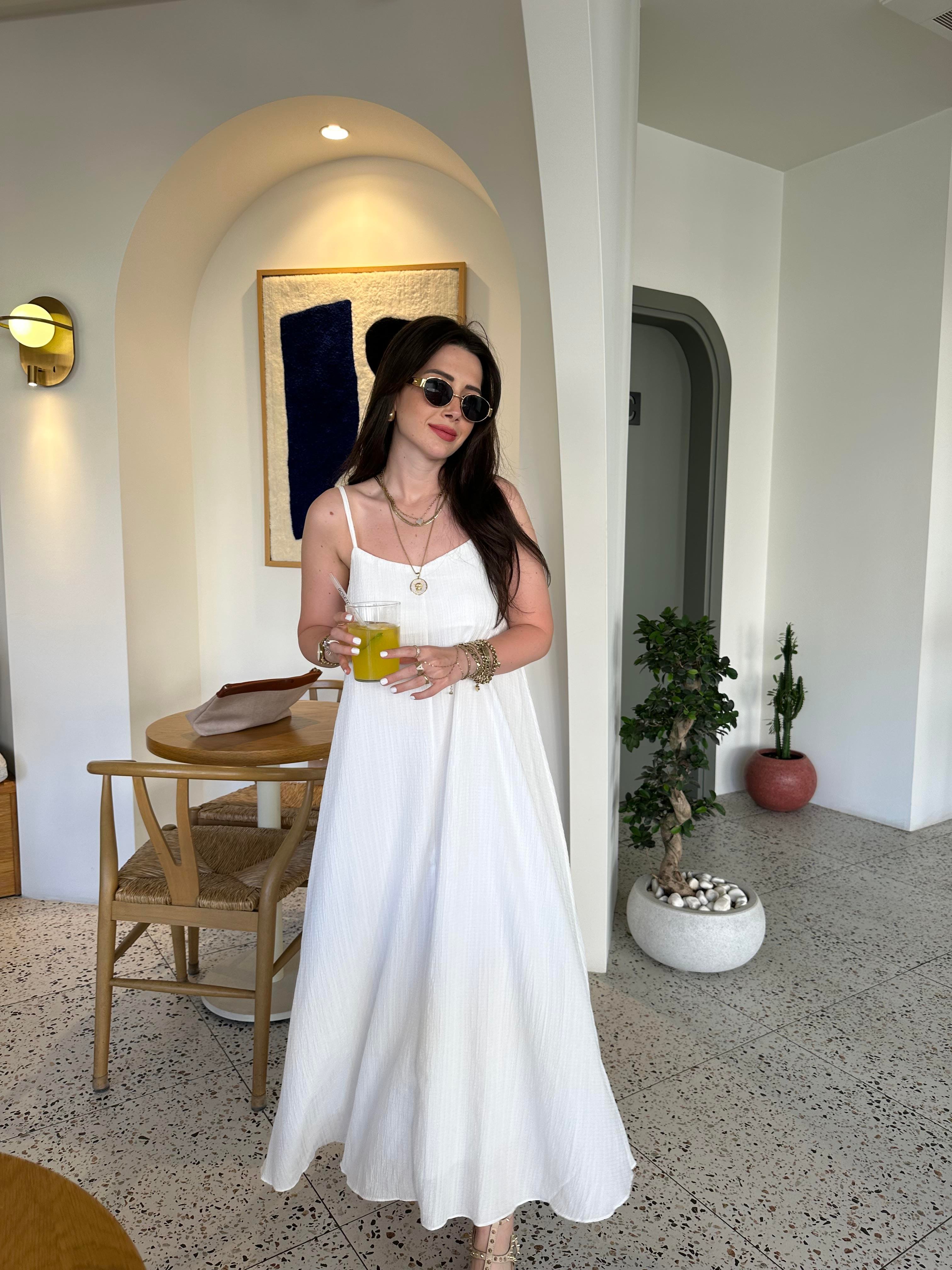 Beyaz Rustik Askılı Midi Elbise