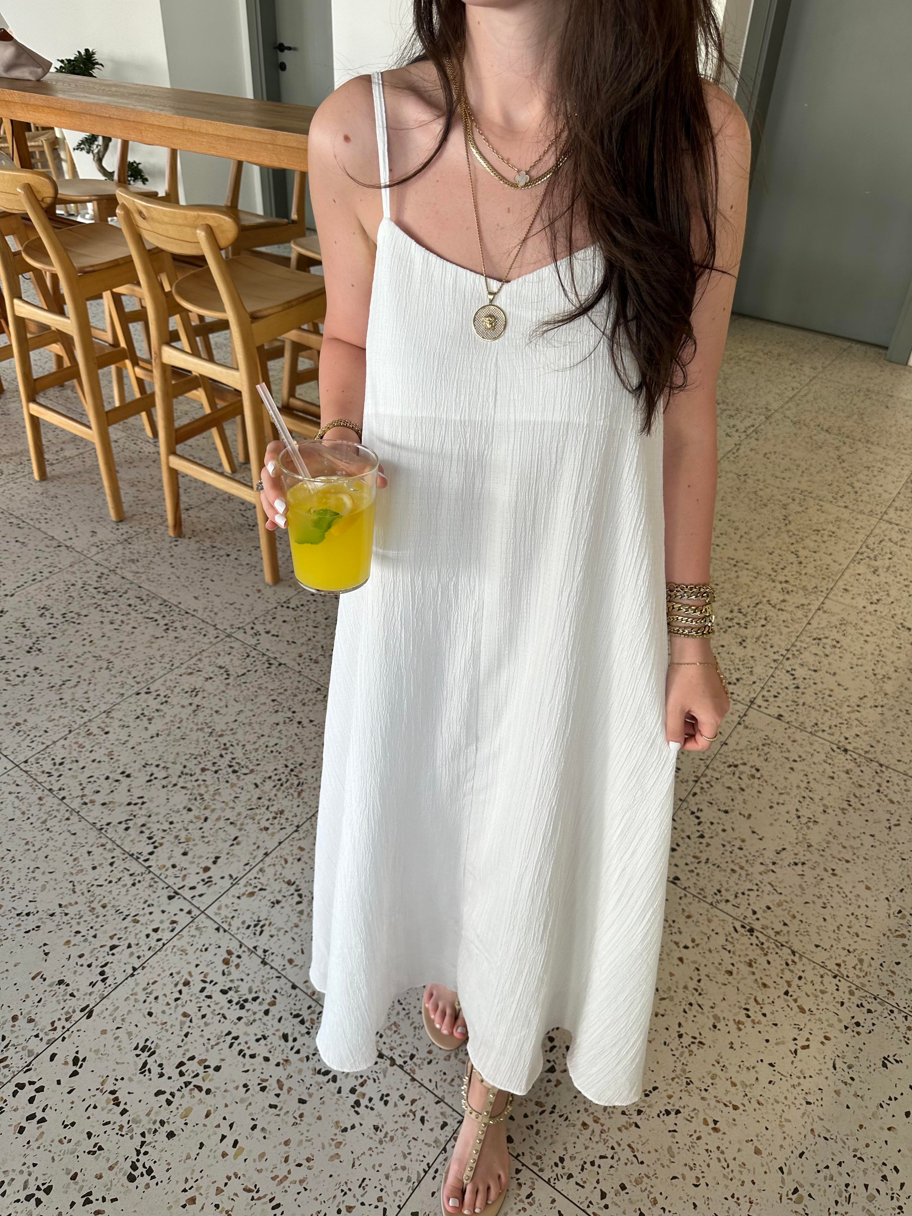 Beyaz Rustik Askılı Midi Elbise