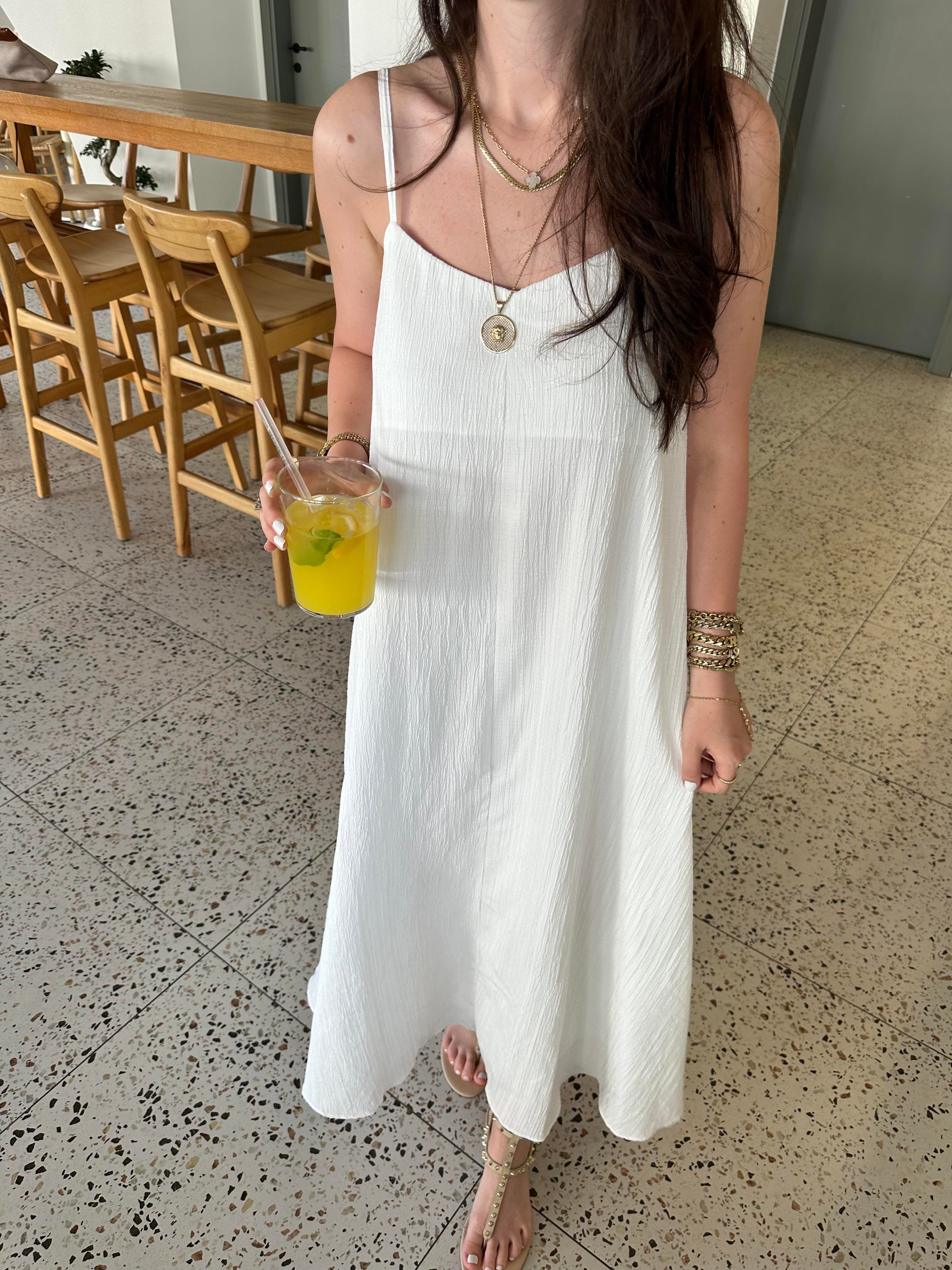 Beyaz Rustik Askılı Midi Elbise