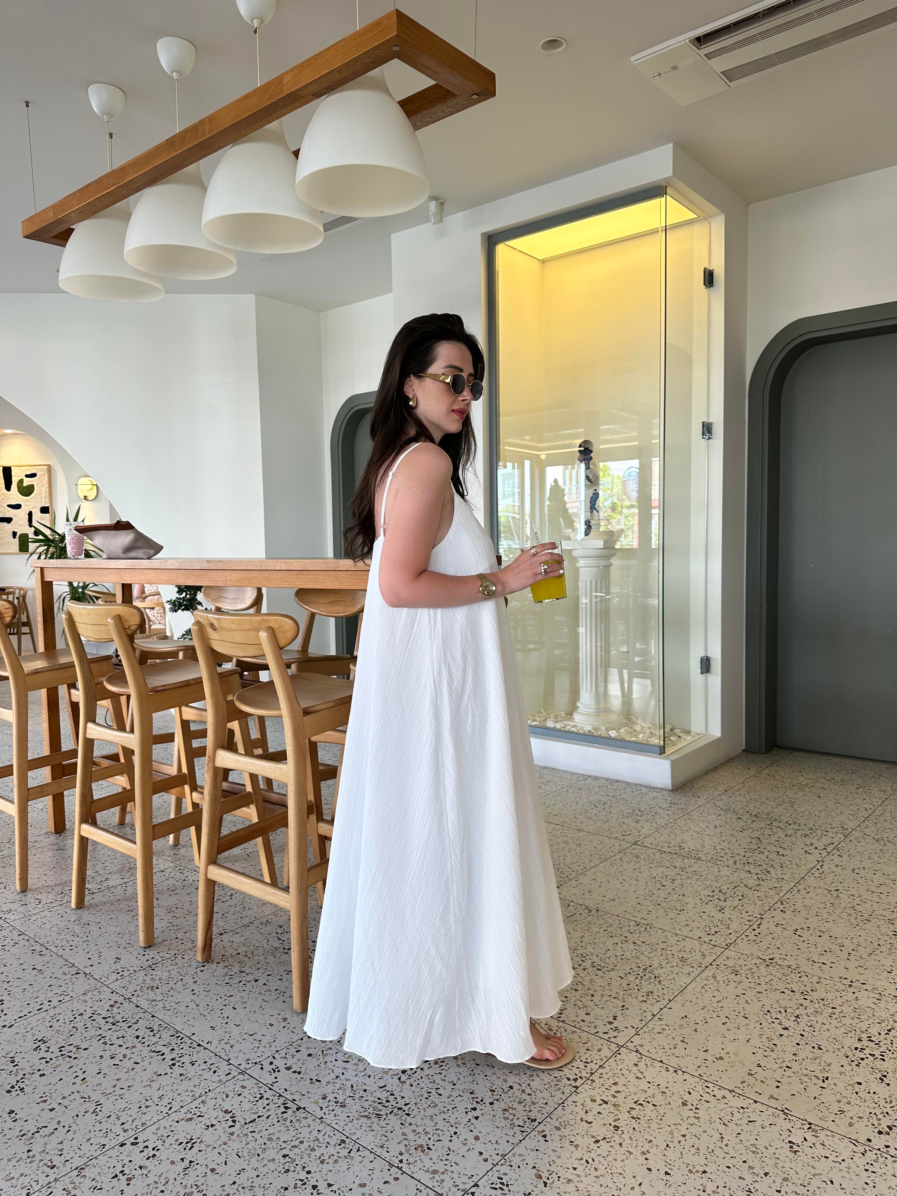 Beyaz Rustik Askılı Midi Elbise