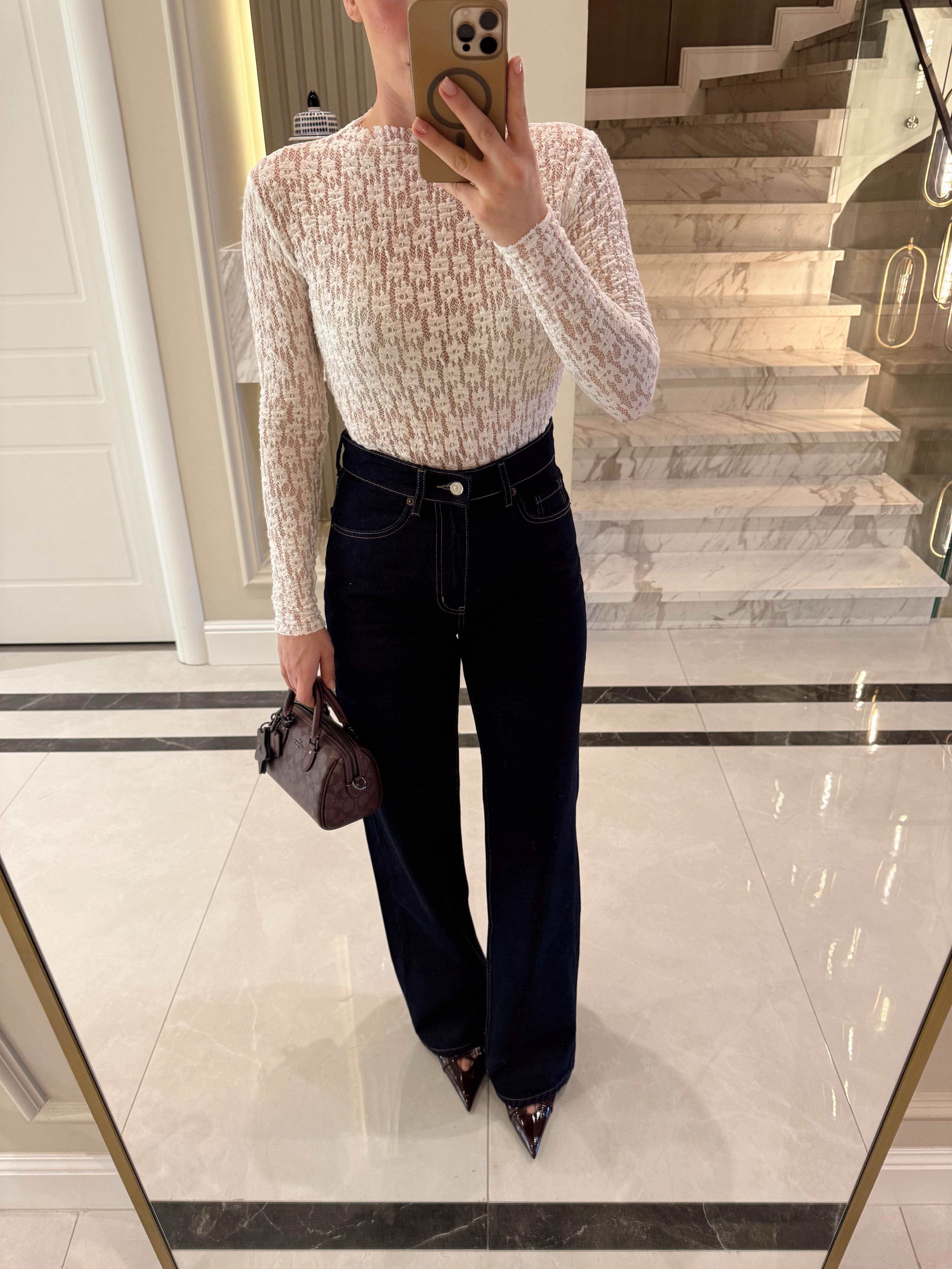 Beyaz Transparan Dantel Bluz