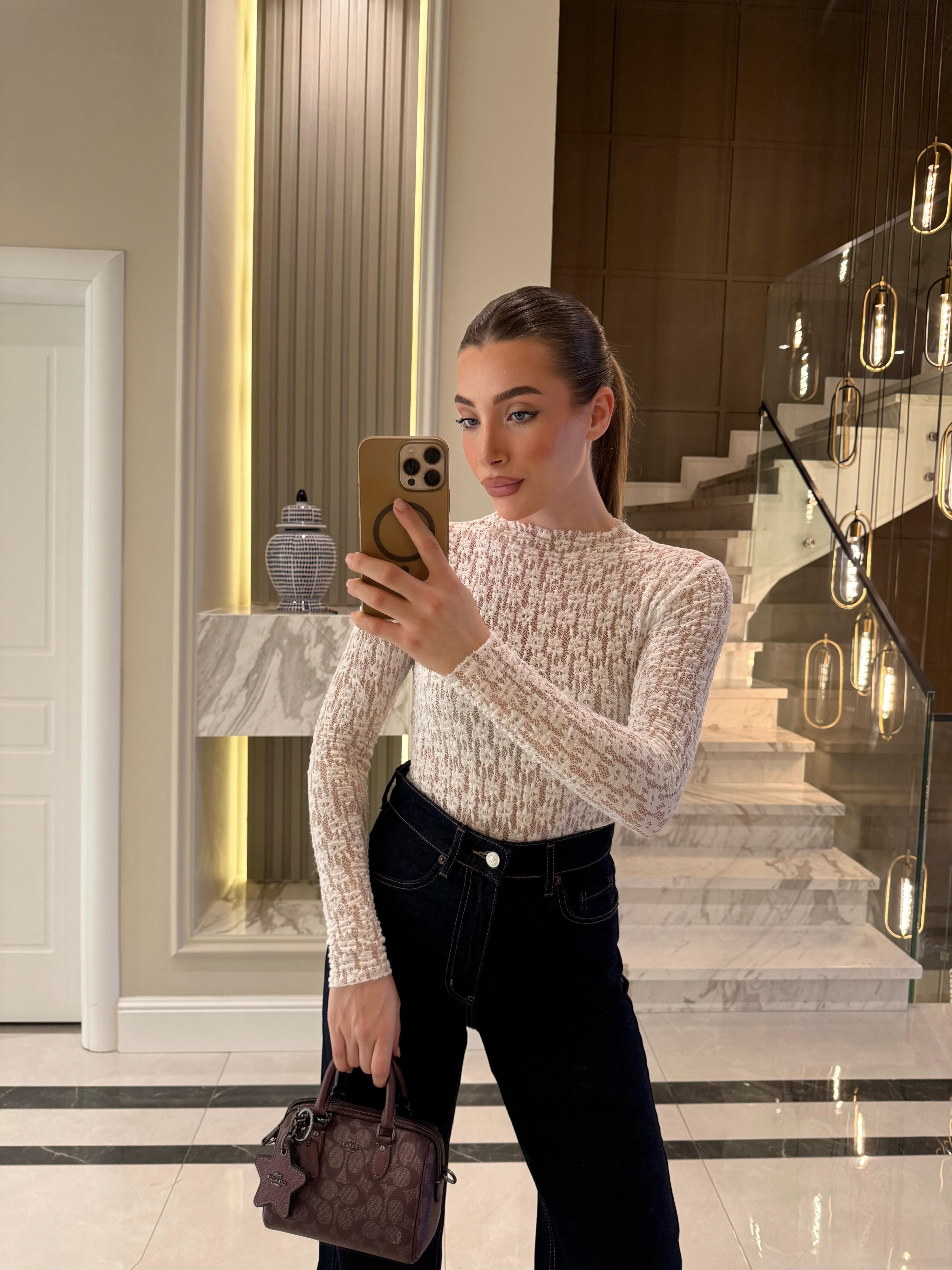 Beyaz Transparan Dantel Bluz