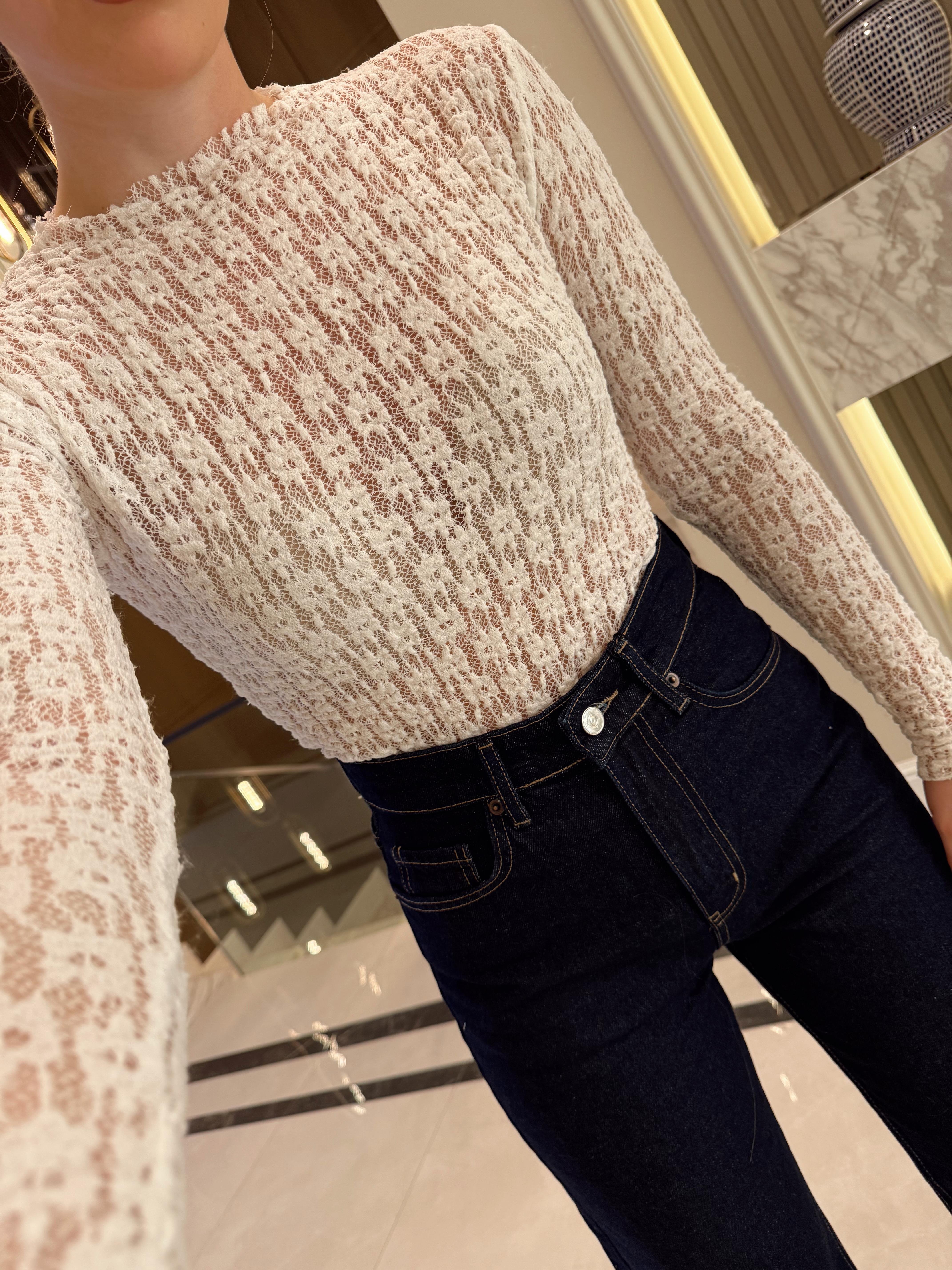 Beyaz Transparan Dantel Bluz