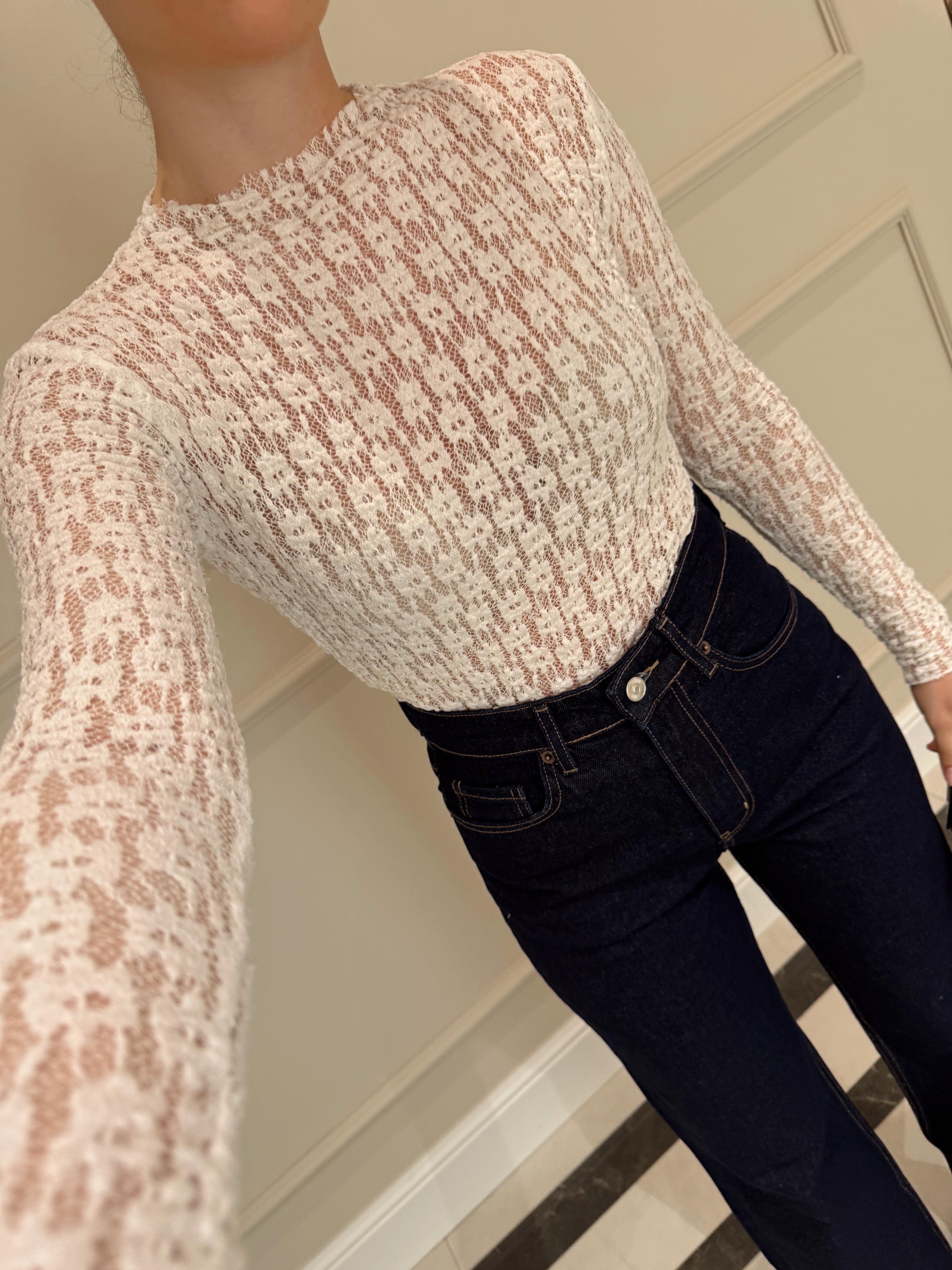 Beyaz Transparan Dantel Bluz