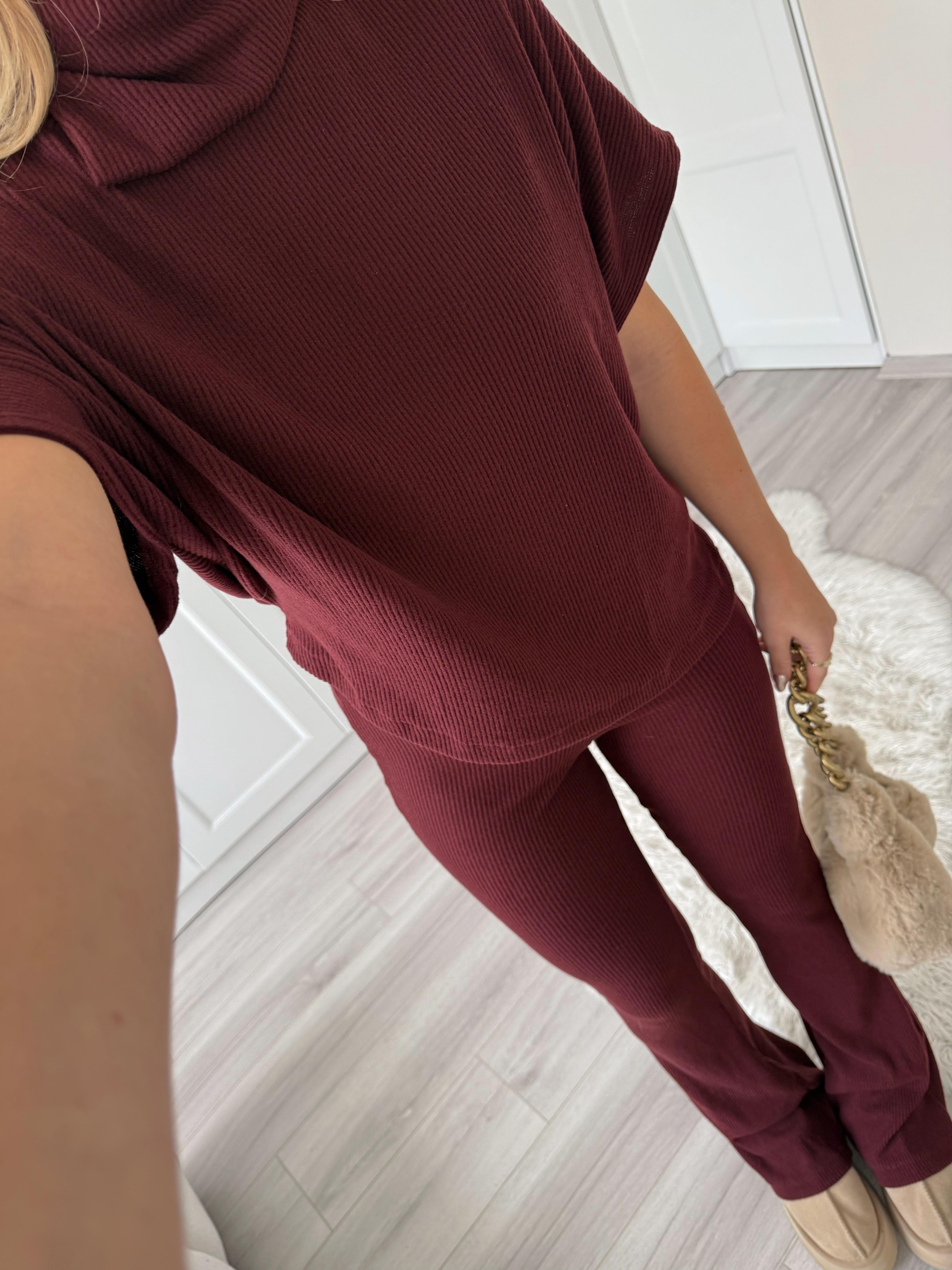 Bordo Asimetrik Top- Örme Pantolon Takım 32239