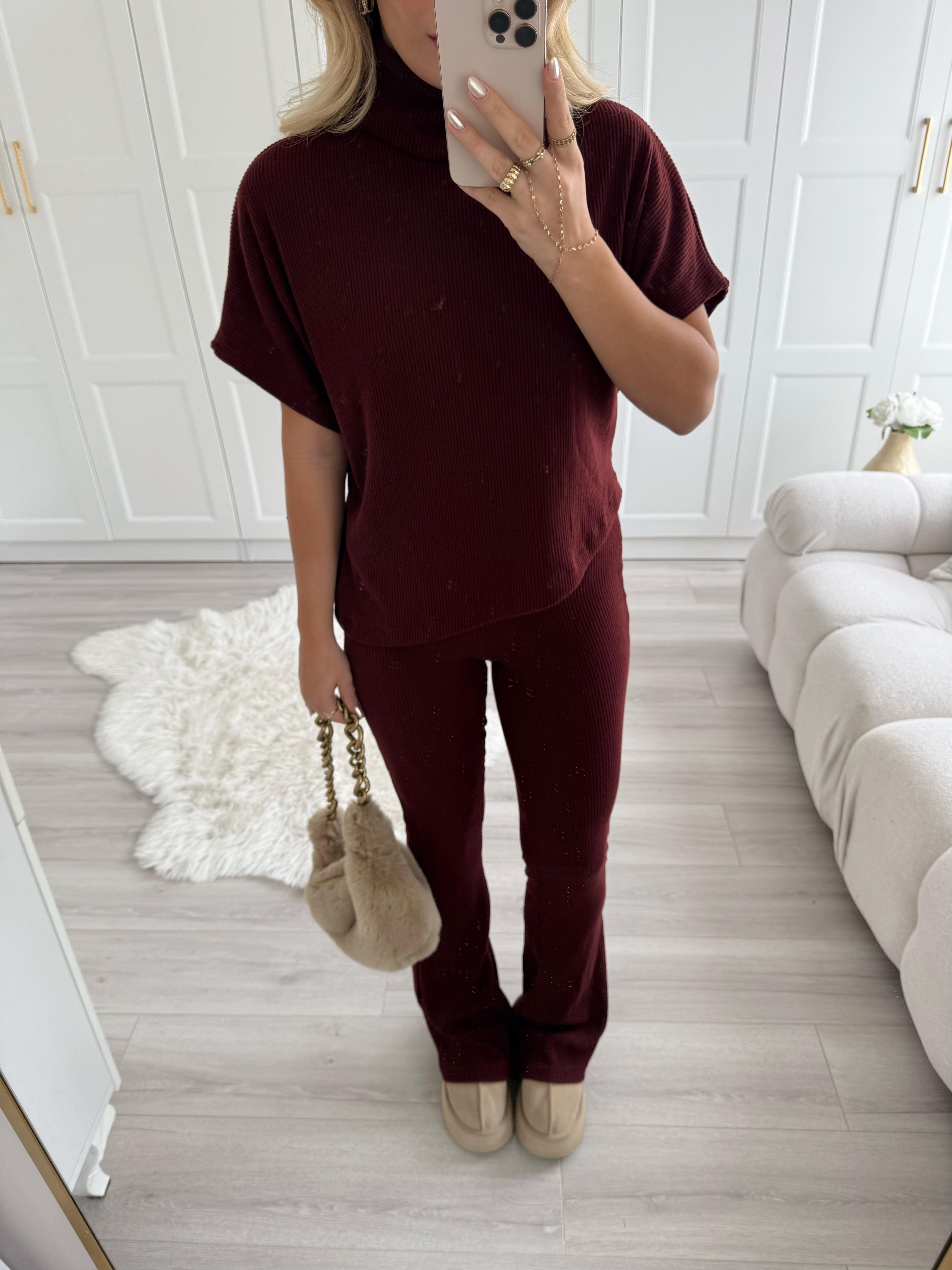 Bordo Asimetrik Top- Örme Pantolon Takım 32239