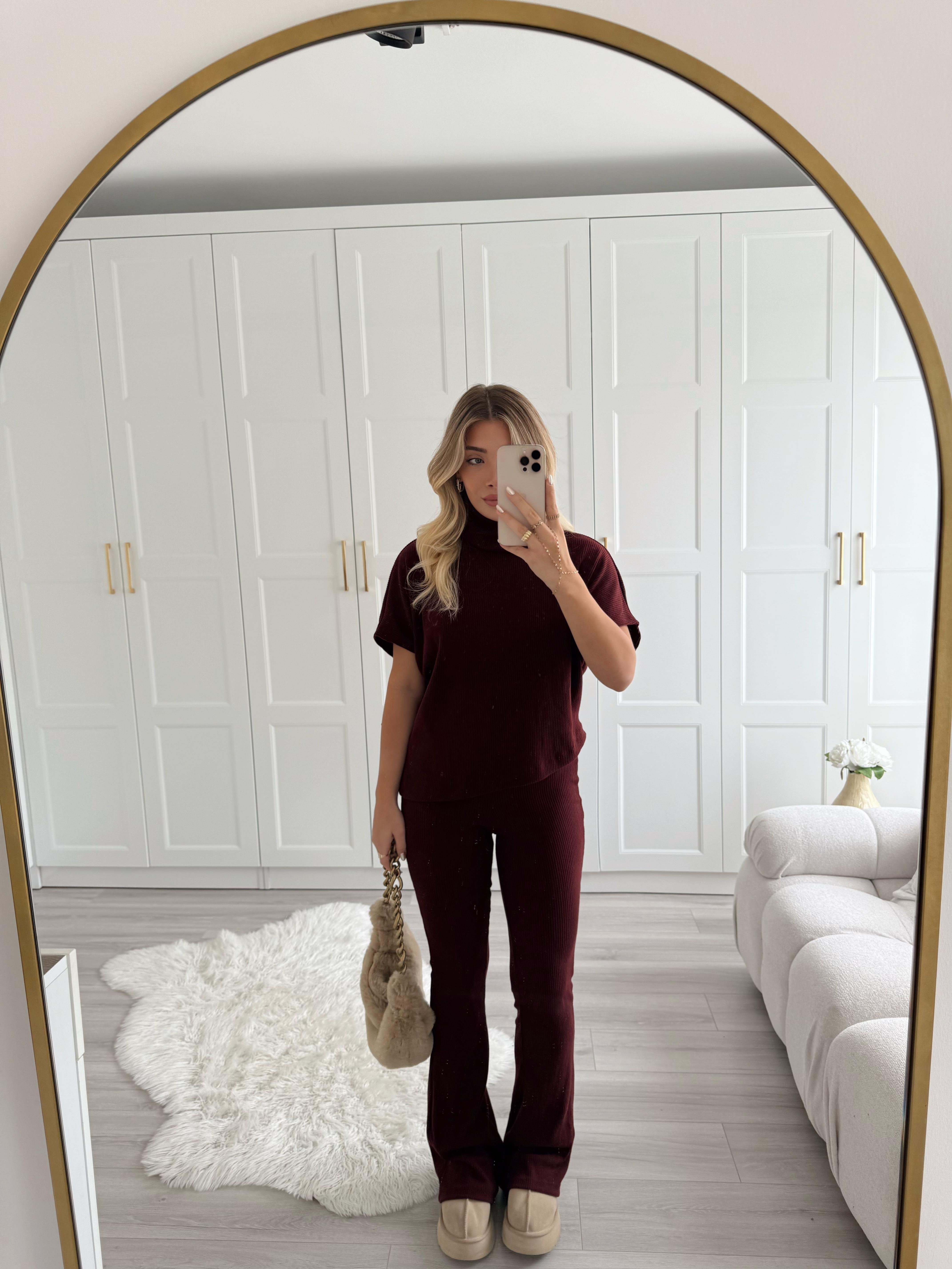 Bordo Asimetrik Top- Örme Pantolon Takım 32239