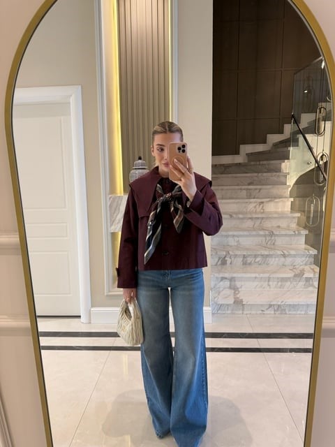 Bordo Bebe Yaka Düğmeli Trençkot - 7530