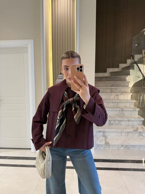 Bordo Bebe Yaka Düğmeli Trençkot - 7530