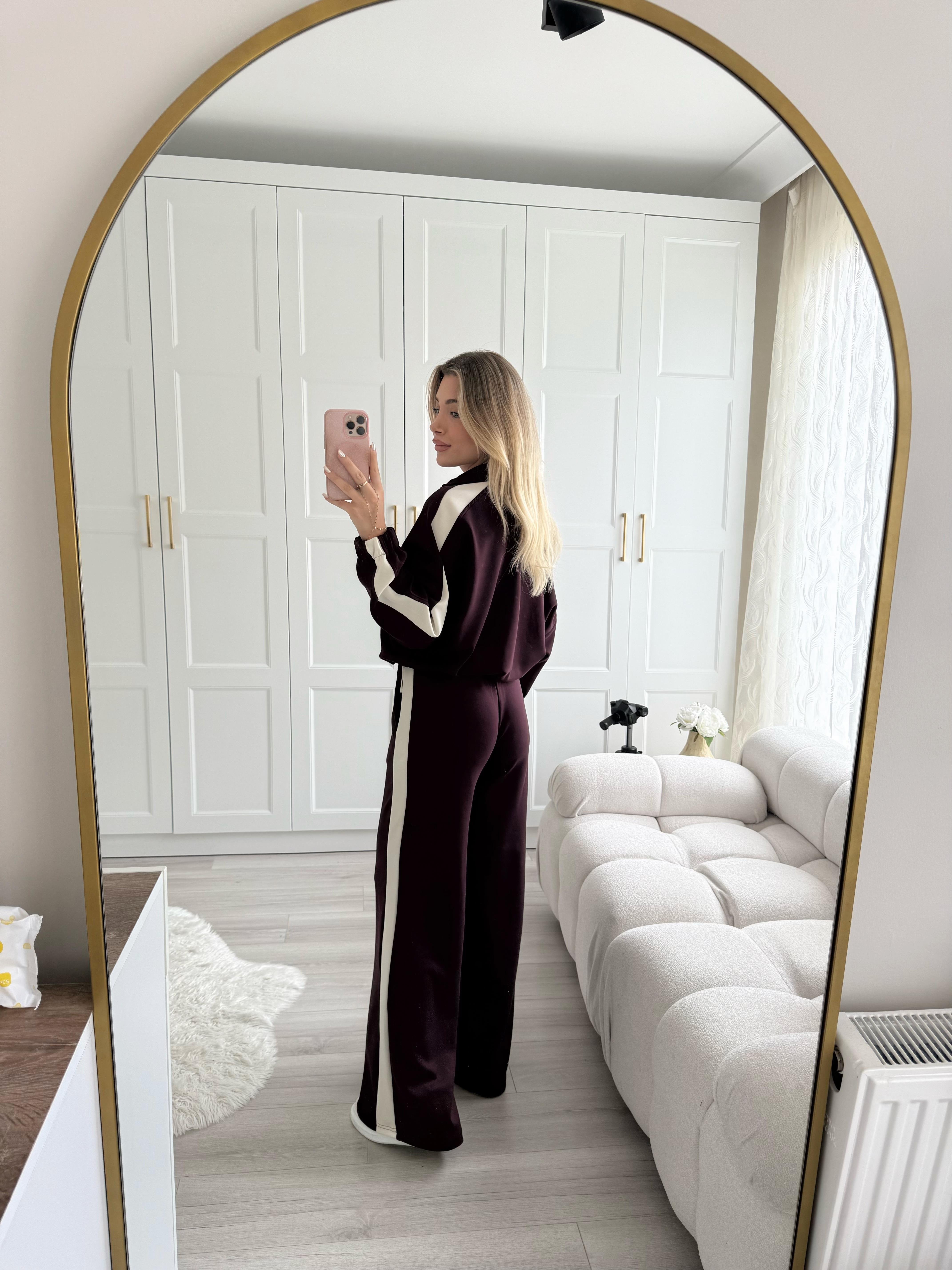 Bordo-Bej Yanları Şerit Detaylı İkili Takım- 35704