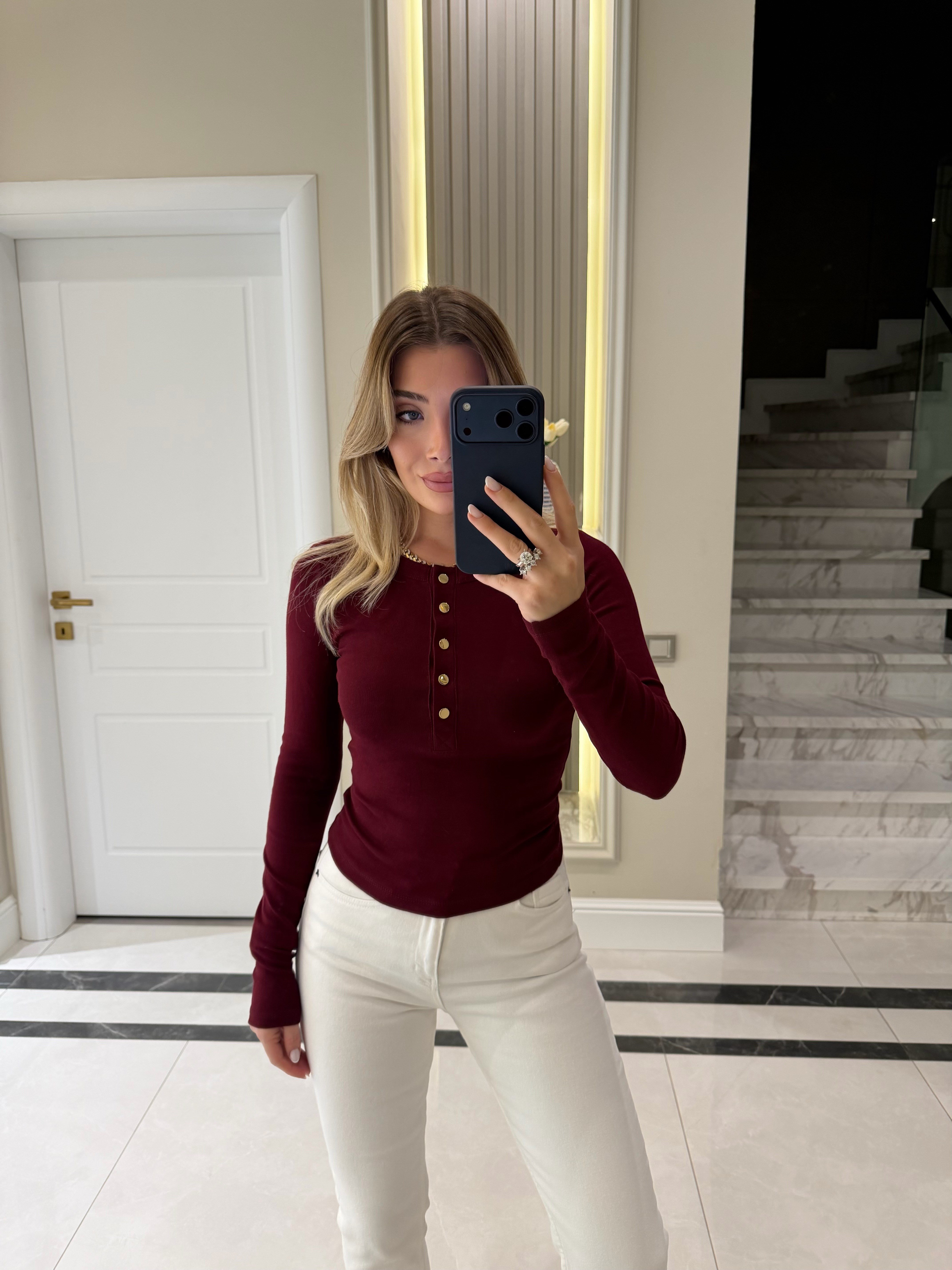 Bordo Çıtçıtlı Uzun Kollu Bluz -1020