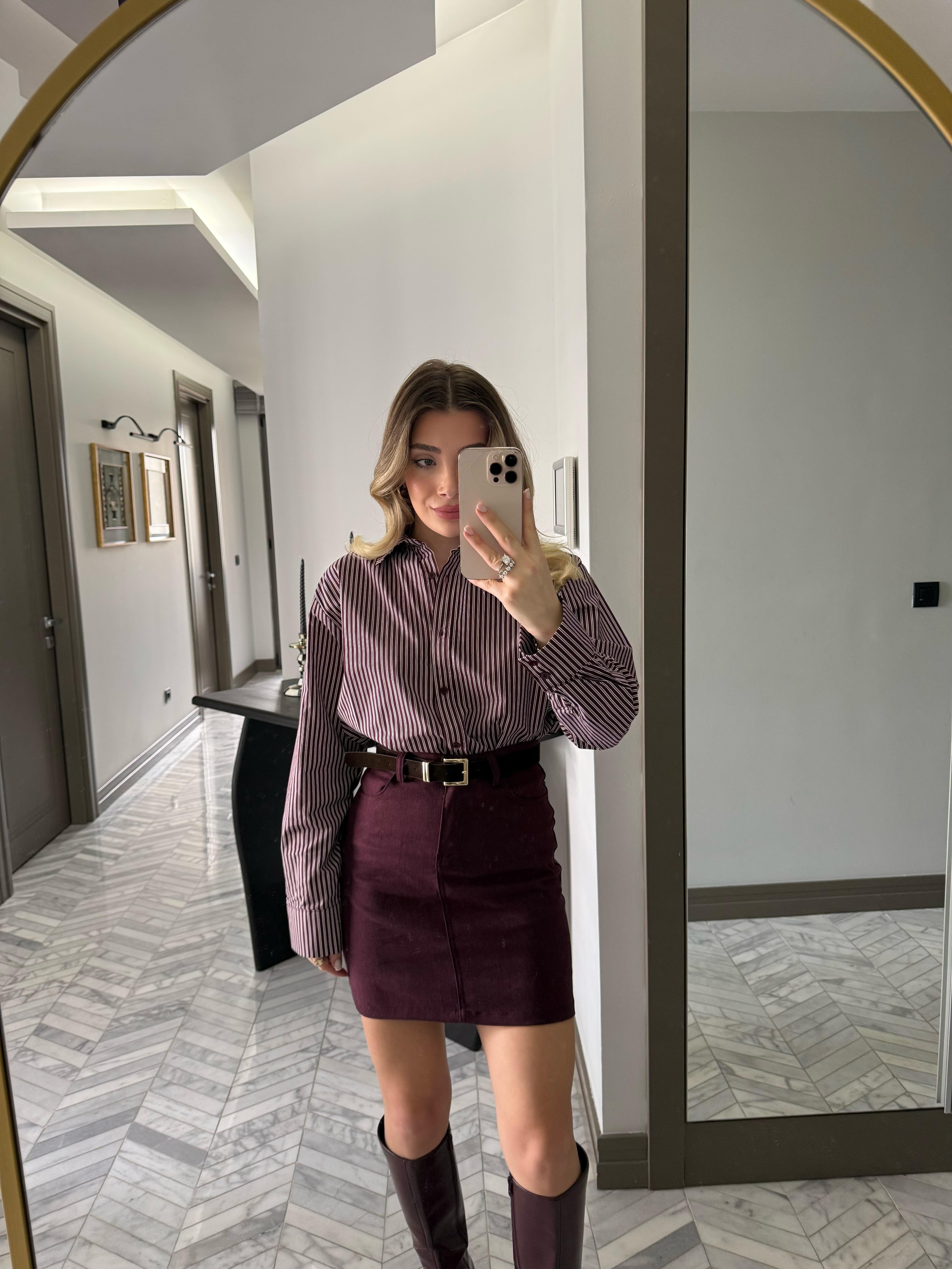 Bordo Çizgili Oversize Gömlek-37116