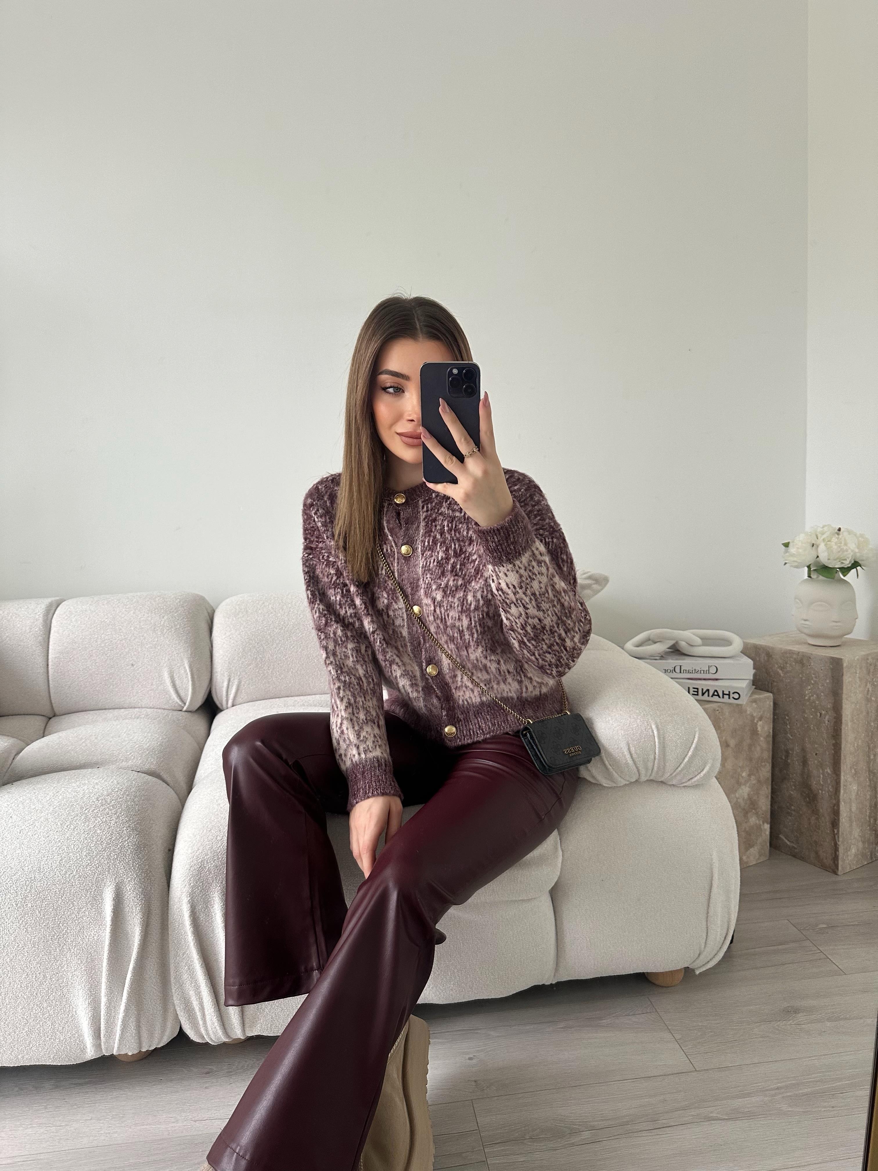 Bordo Desenli Gold Düğmeli Yumoş Hırka