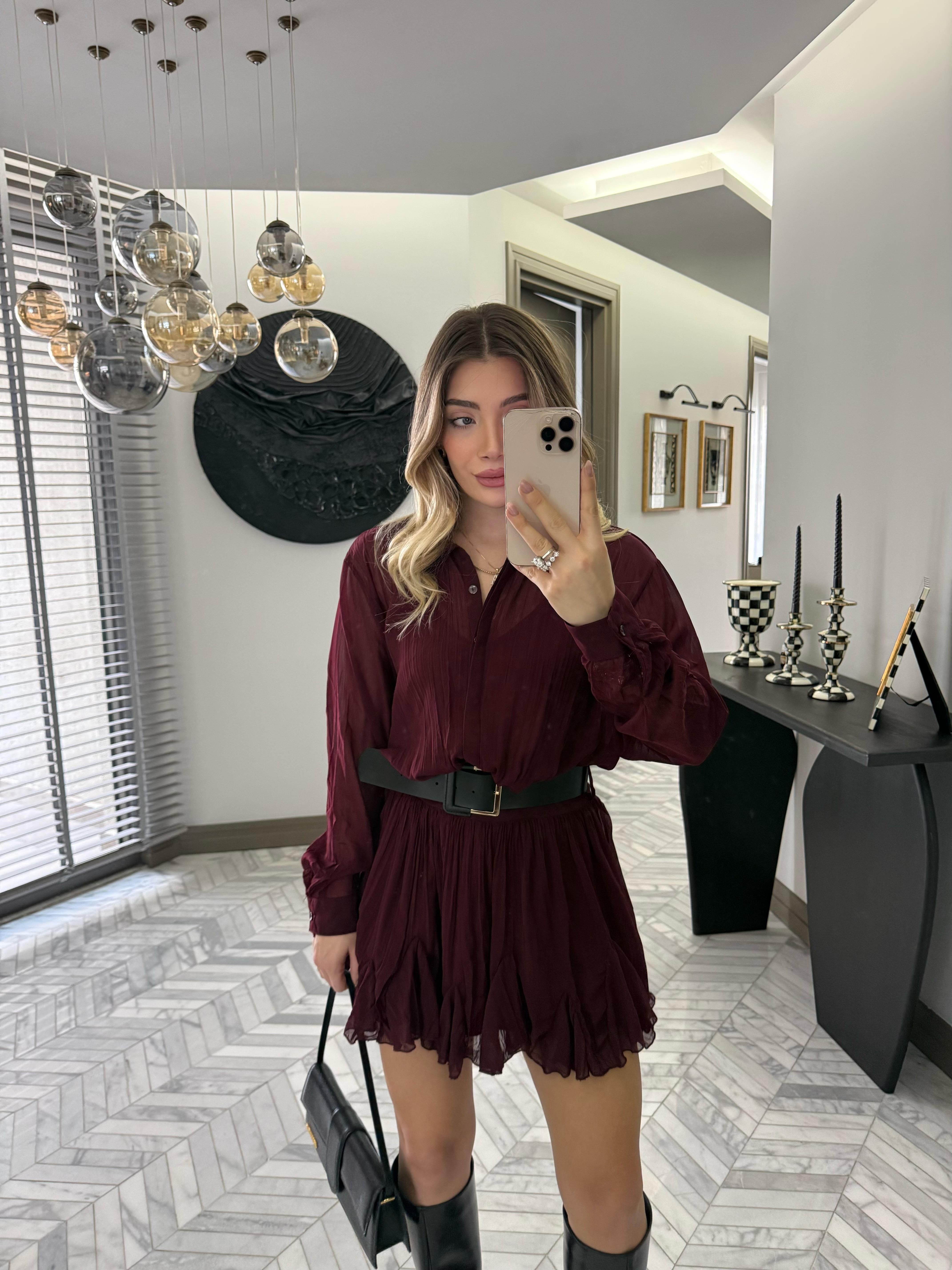 Bordo Dokulu Şifon Elbise-35537