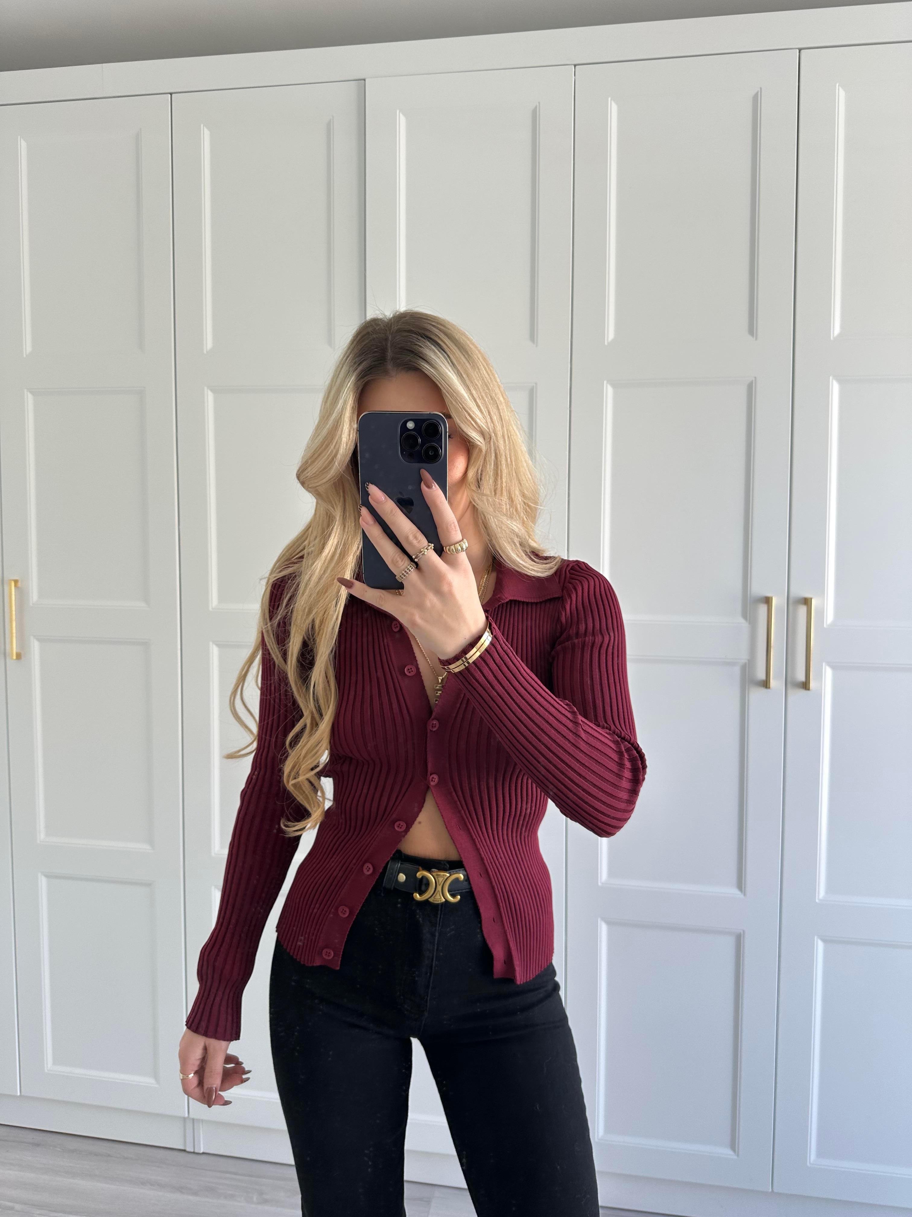 Bordo Düğmeli Fitilli Triko Hırka 