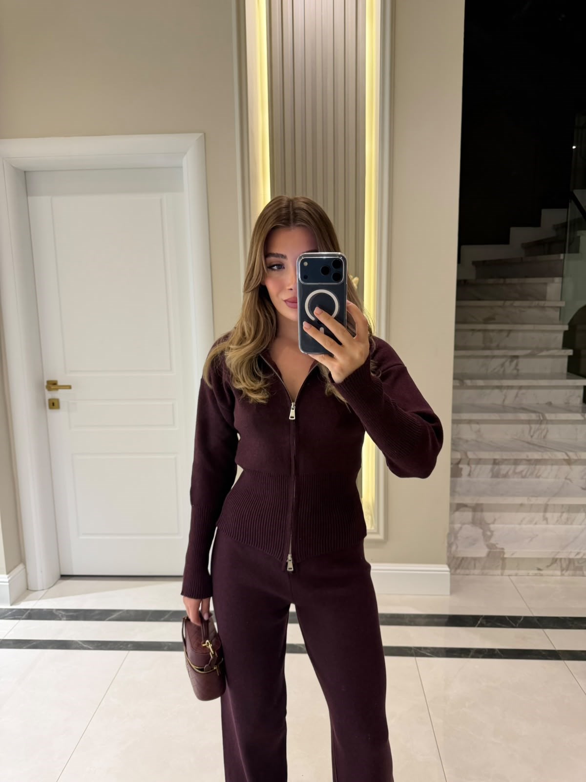 Bordo Fermuarlı İkili Triko Takım - 23277