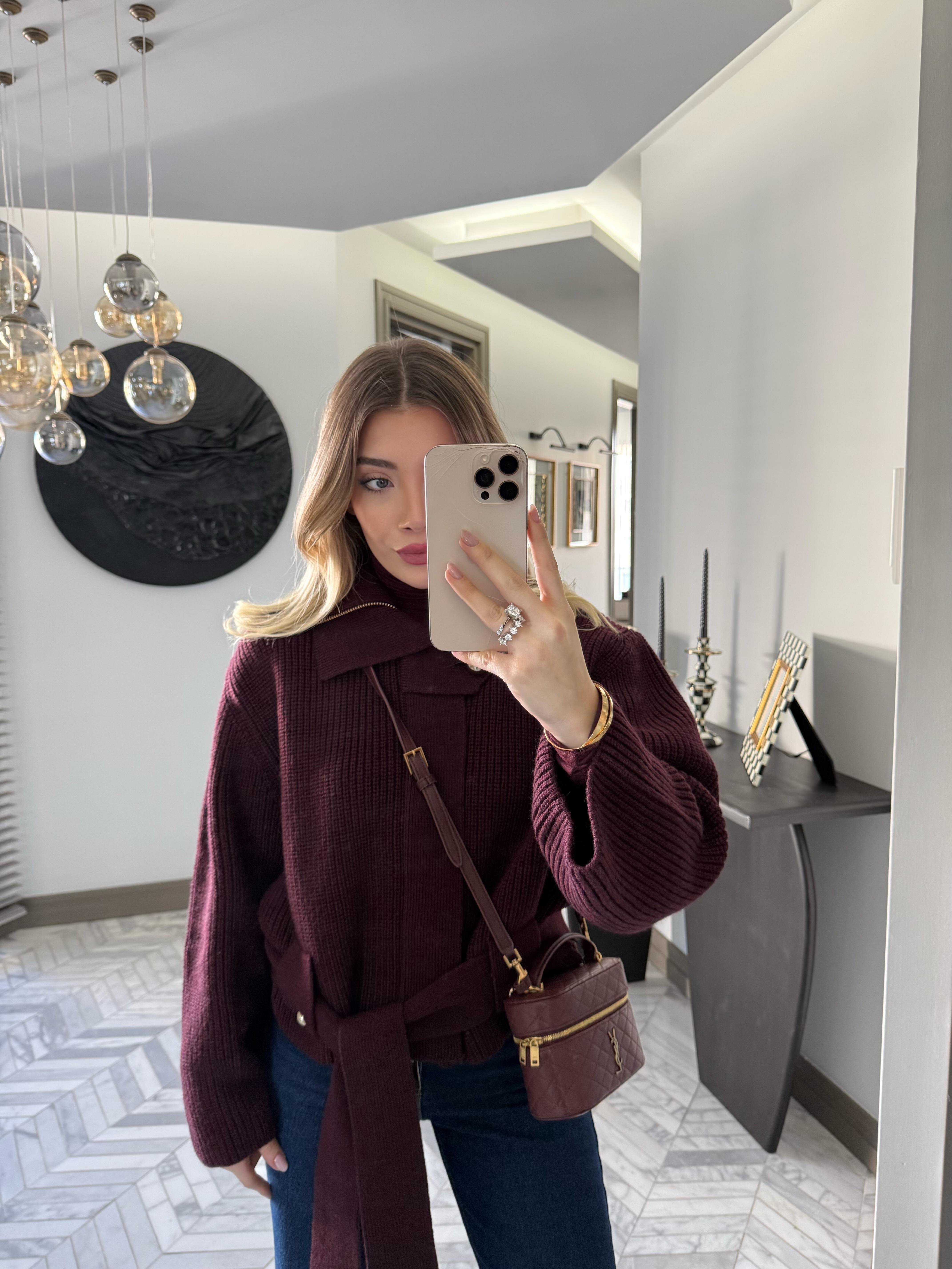 Bordo Fermuarlı Kemerli Düğmeli Yünlü Triko Hırka -60988
