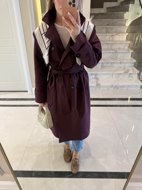 Bordo Fularlı Uzun Trençkot - 7535
