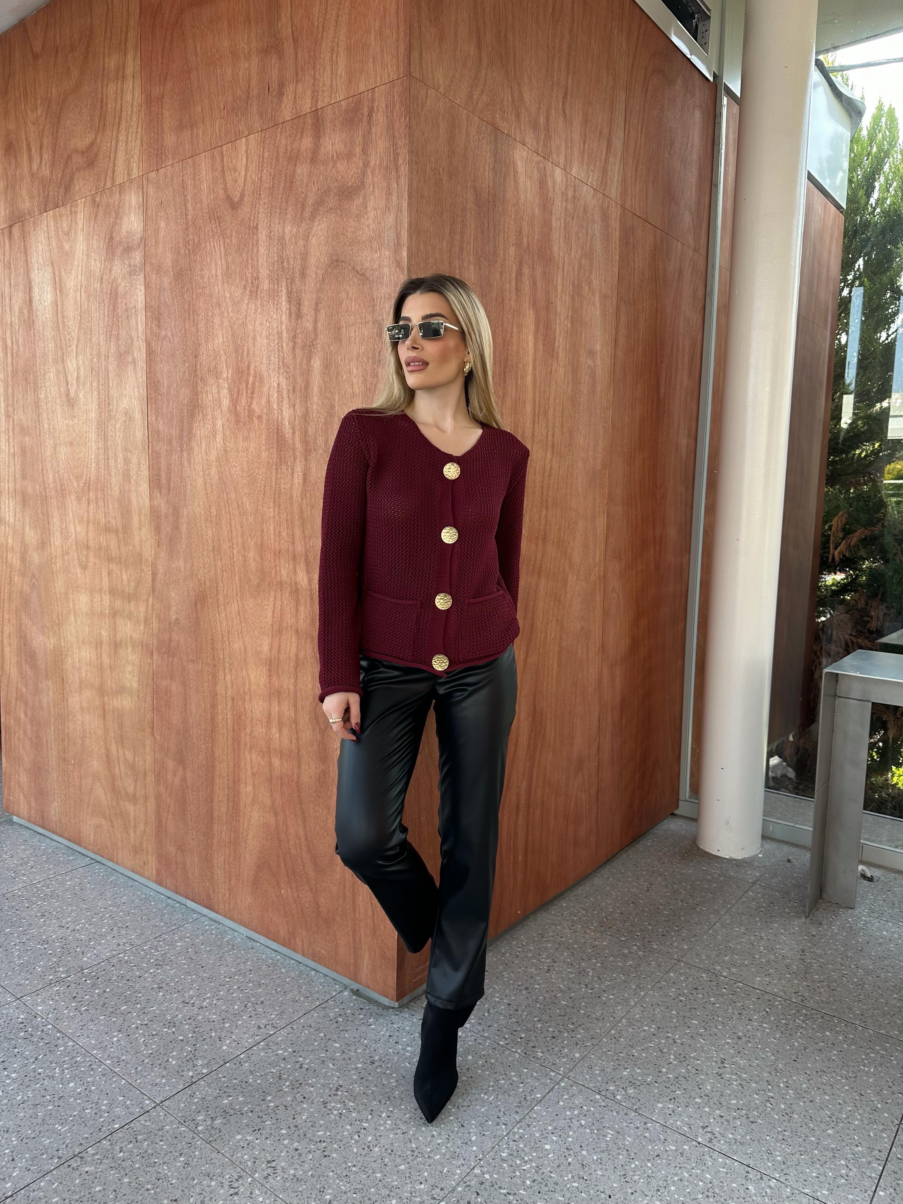 Bordo Gold Düğmeli Ajurlu Hırka 