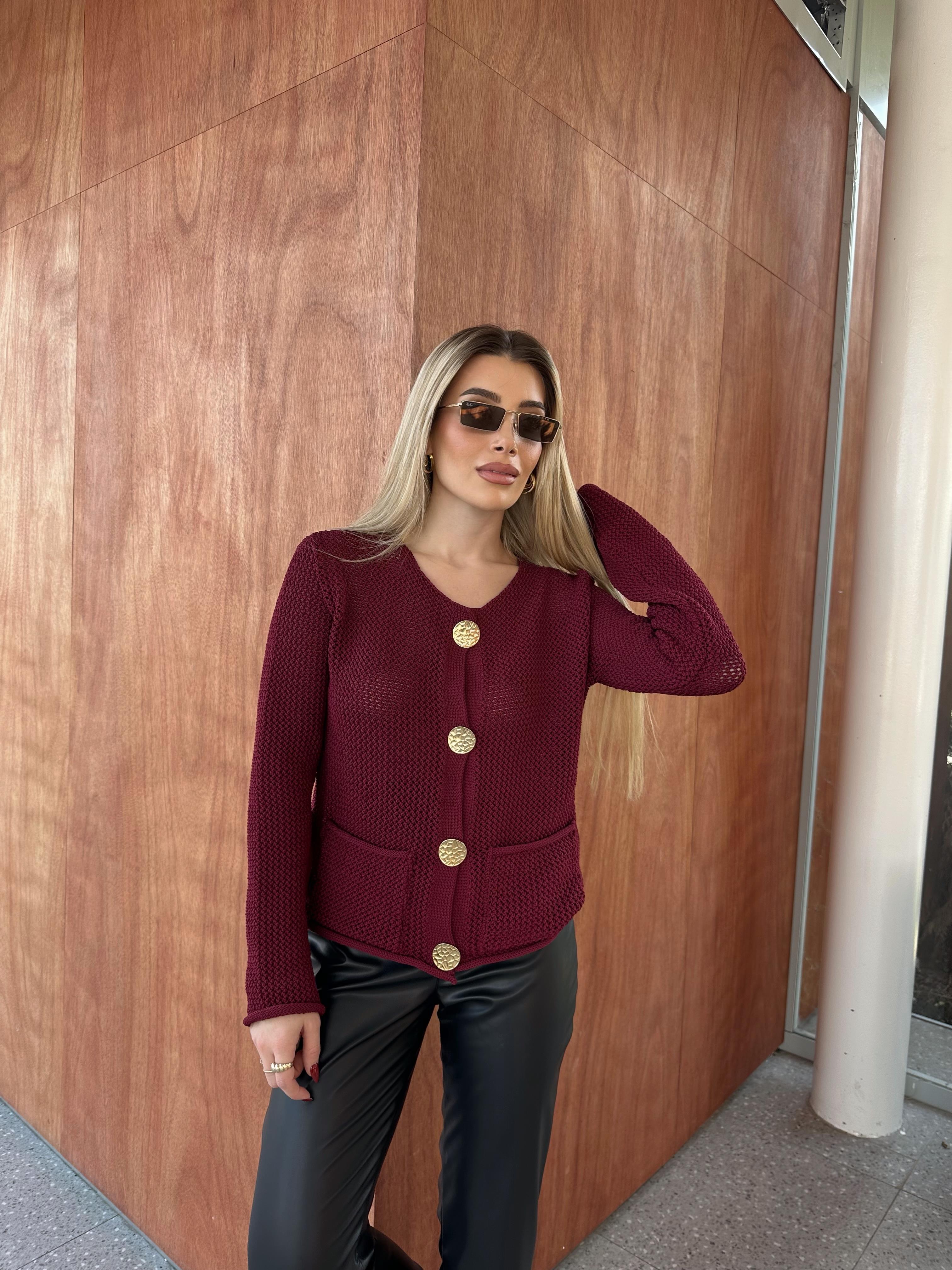 Bordo Gold Düğmeli Ajurlu Hırka 