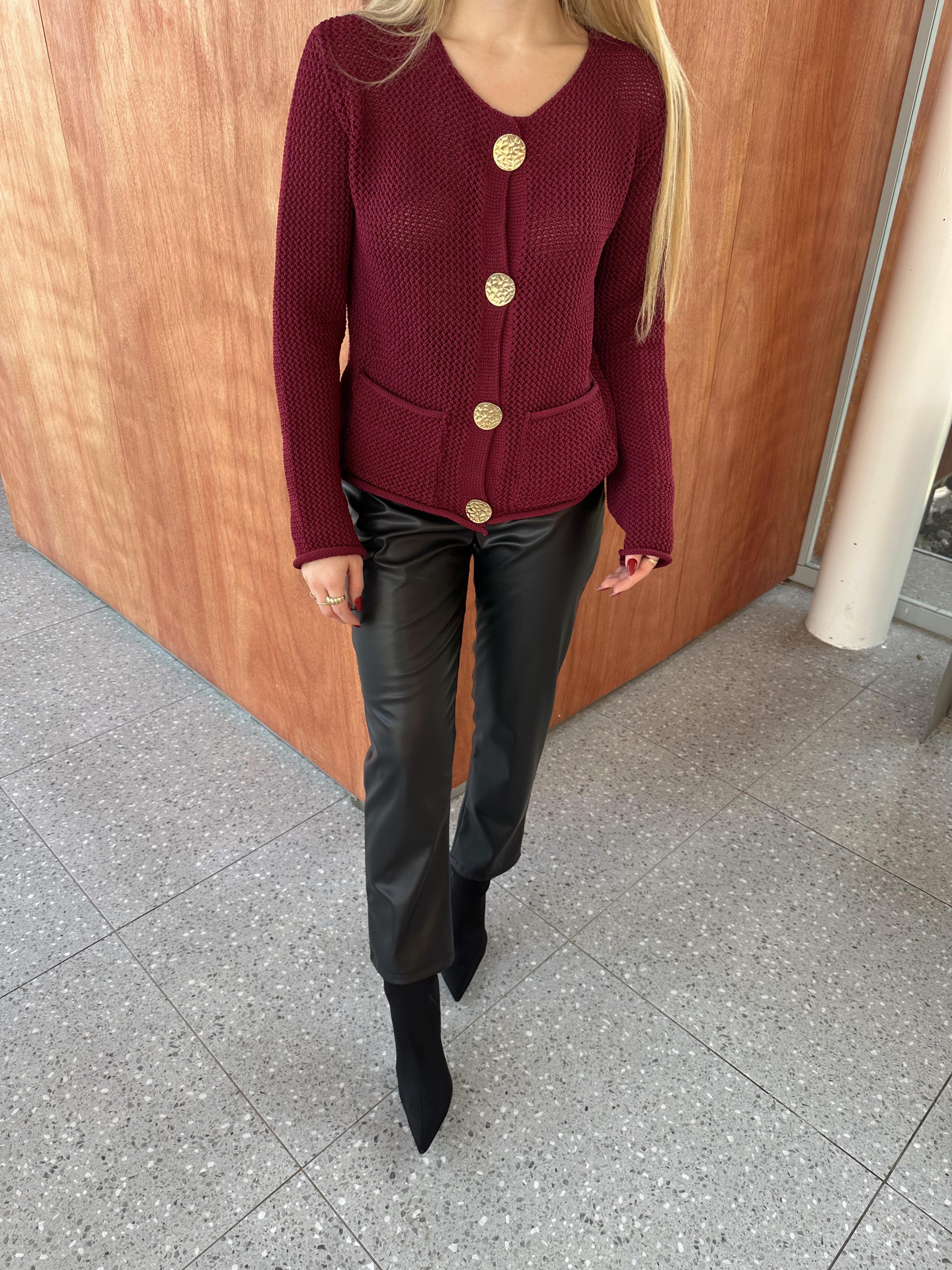 Bordo Gold Düğmeli Ajurlu Hırka 