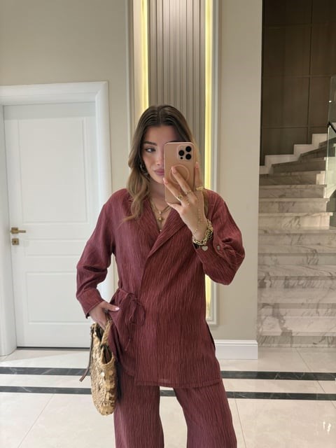 Bordo Kruvaze Bağlamalı Gömlek Pantolon İkili Takım