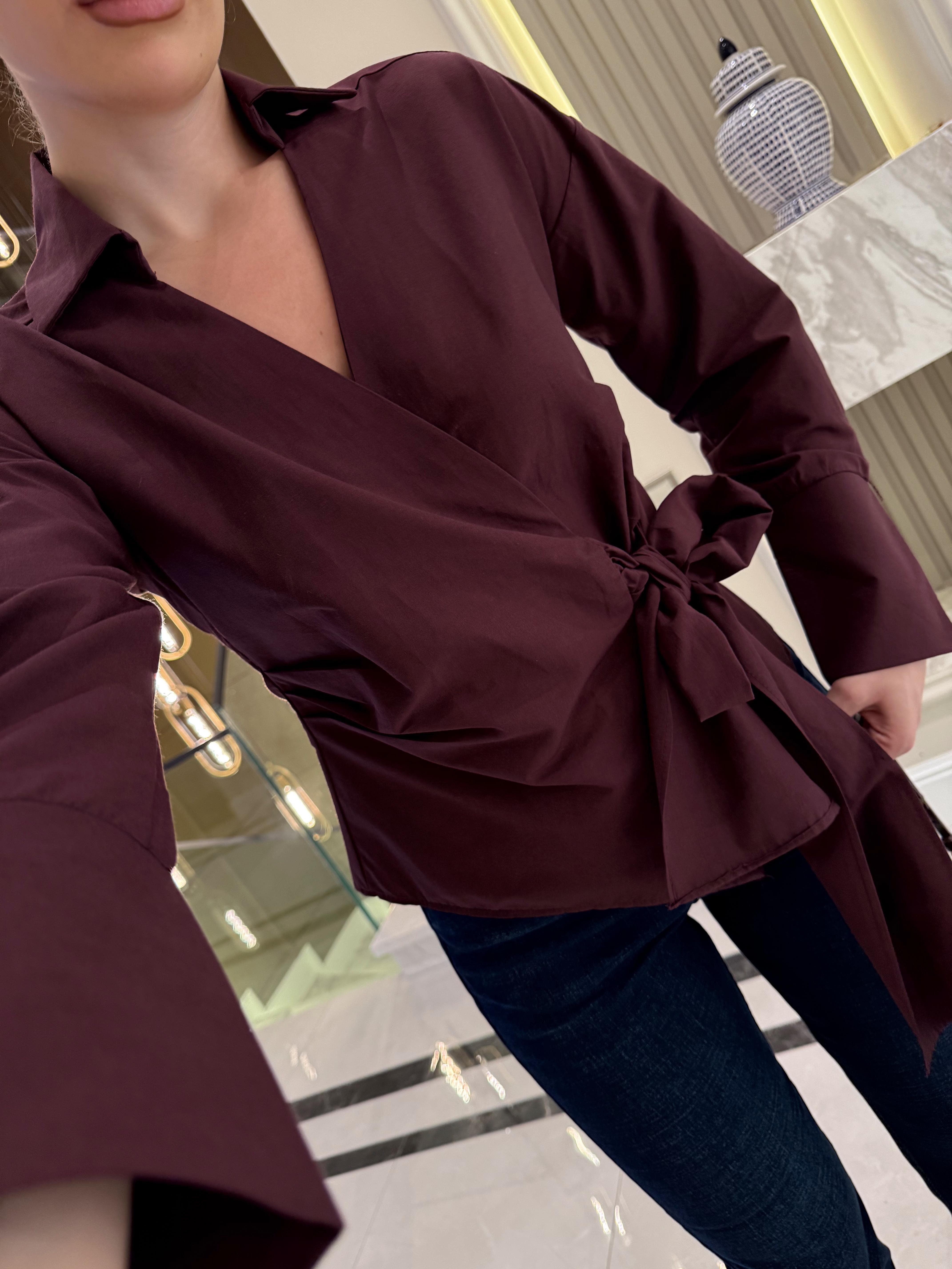 Bordo Kruvaze Bağlamalı Poplin Gömlek-241025