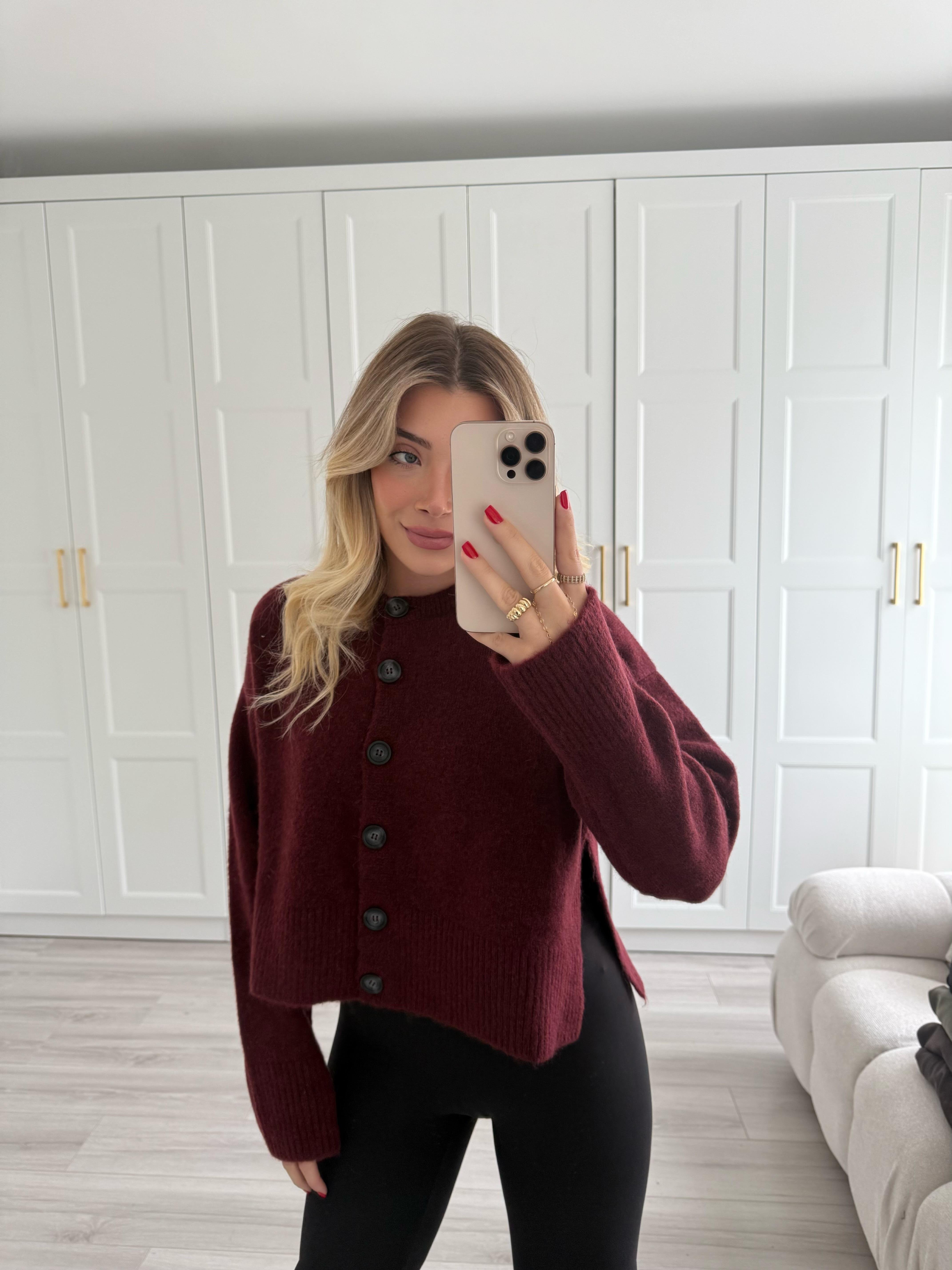 Bordo Melanj  Dik Yaka Düğmeli Yumuşak Dokulu Yırtmaçlı Triko Hırka-60280