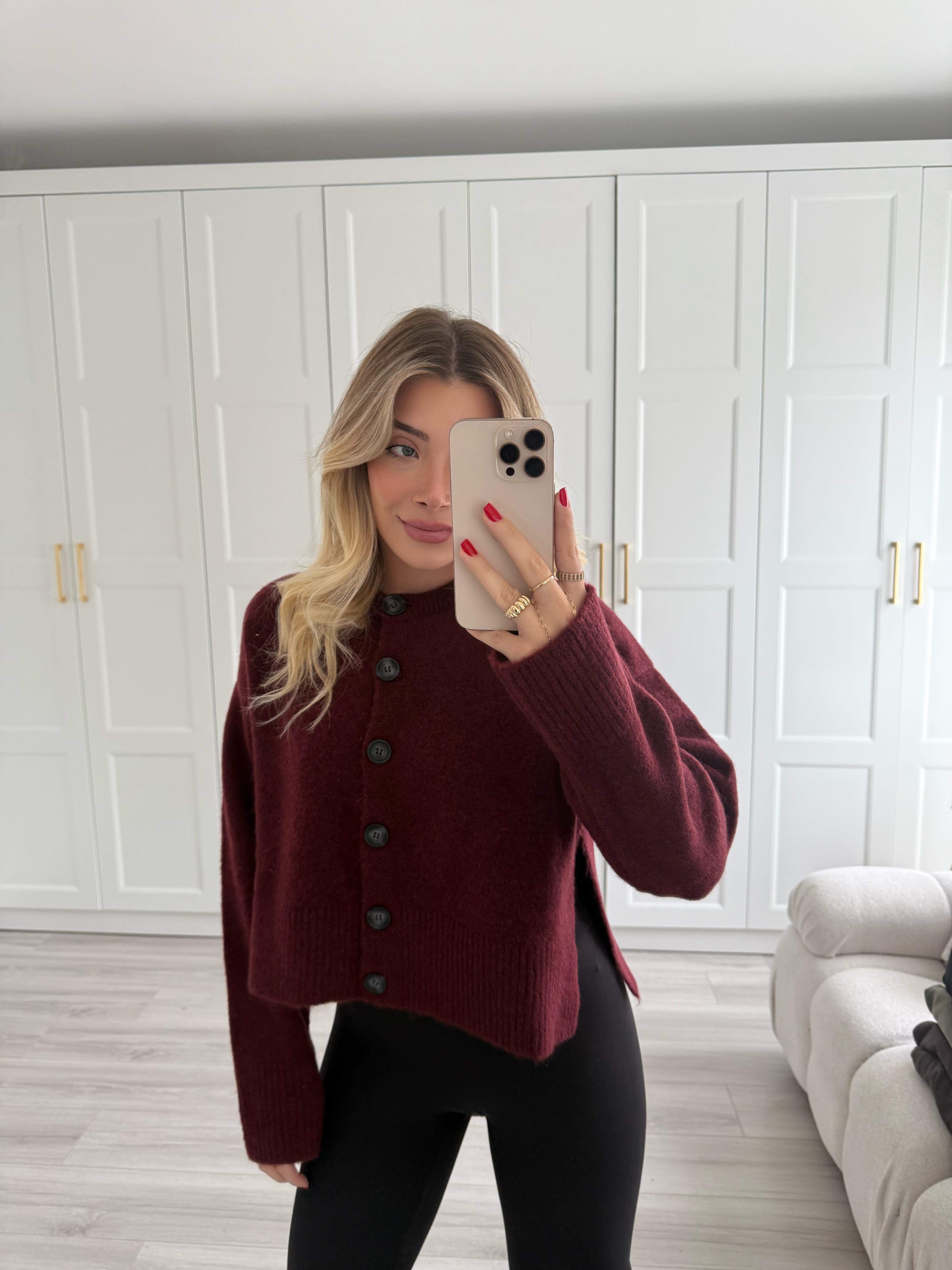 Bordo Melanj  Dik Yaka Düğmeli Yumuşak Dokulu Yırtmaçlı Triko Hırka-60280