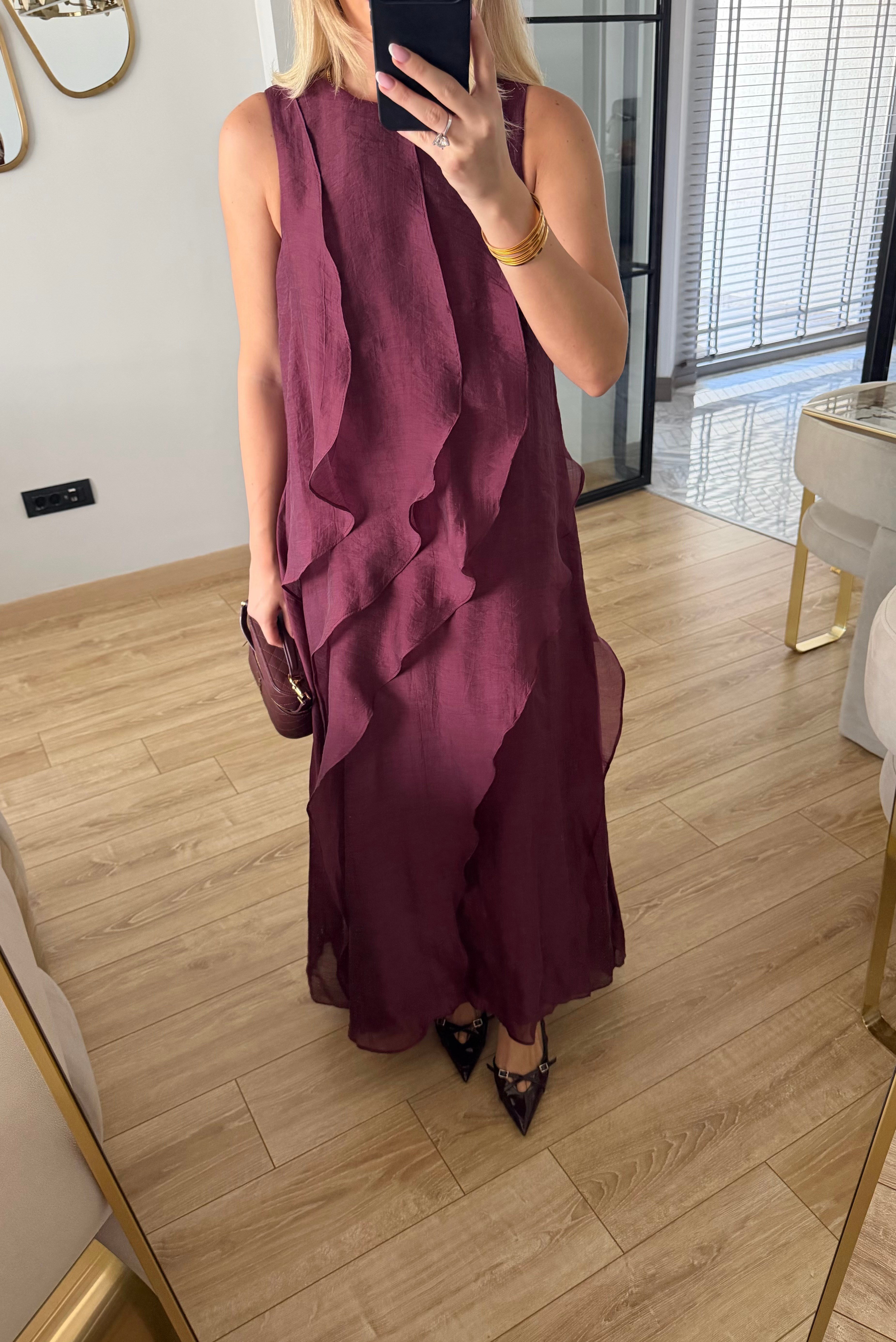 Bordo Nora Fırfır Detaylı Elbise - 3450