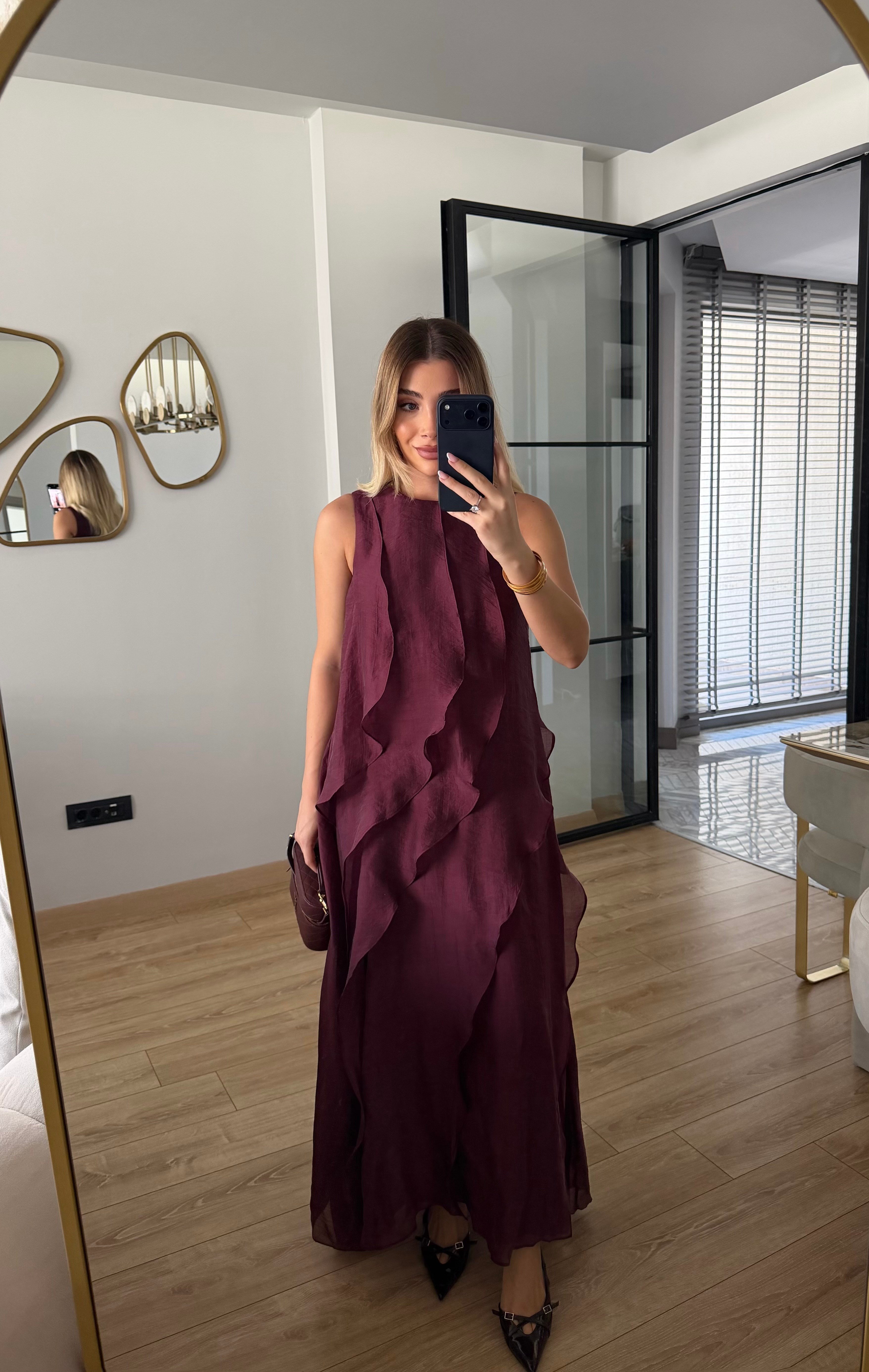 Bordo Nora Fırfır Detaylı Elbise - 3450