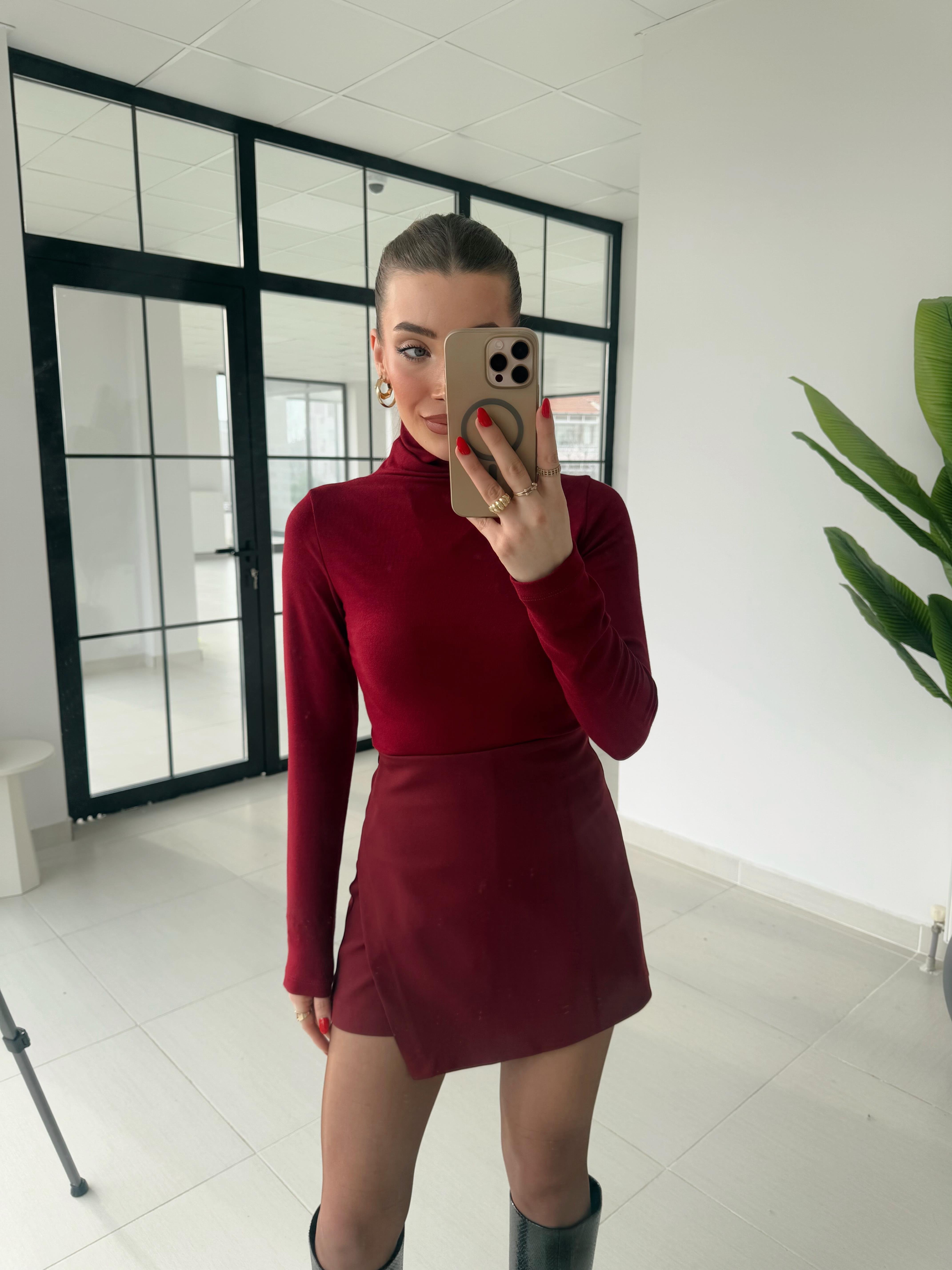 Bordo Orjinal Marka Boğazlı Modal Kumaş Basic Bluz