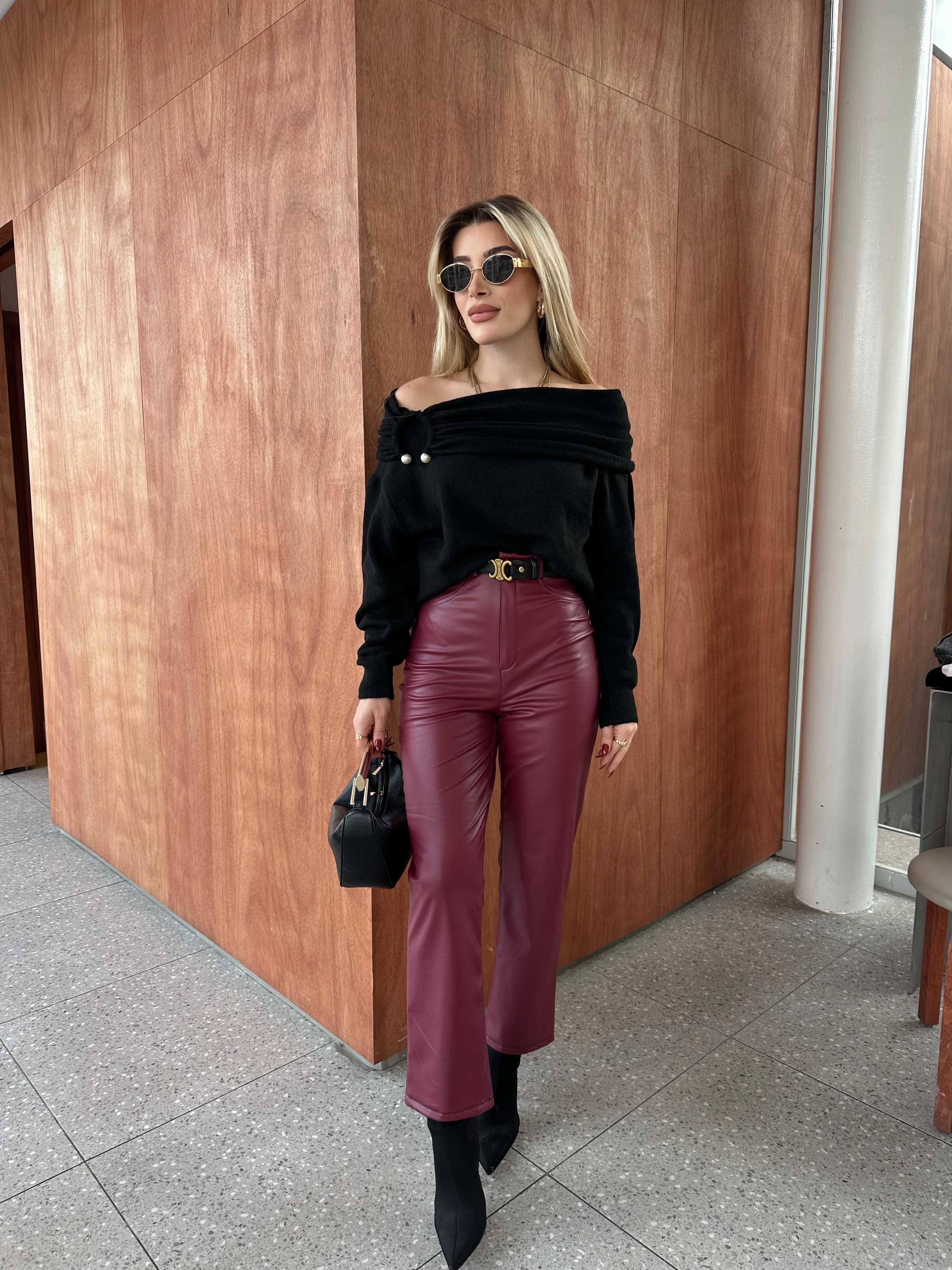 Bordo Orjinal Marka MNG Deri Pantolon 