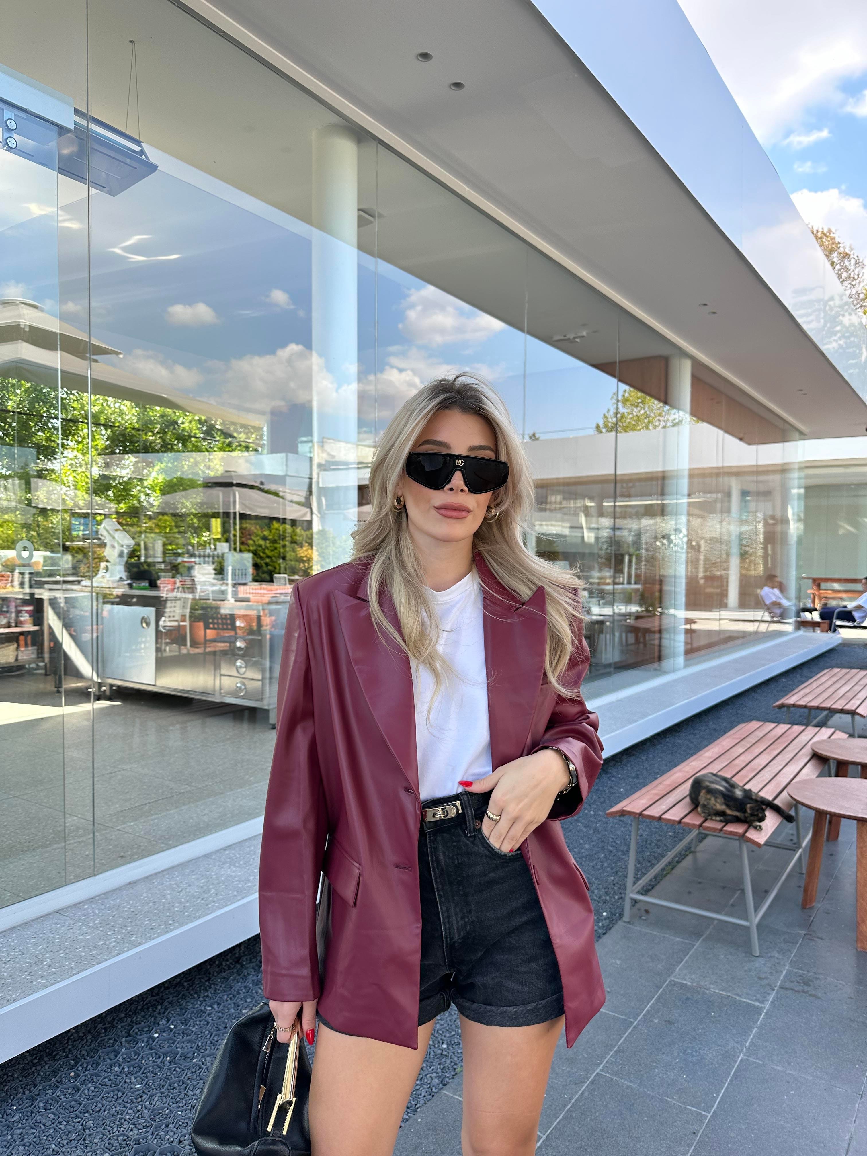 Bordo Oversize Deri Blazer Ceket
