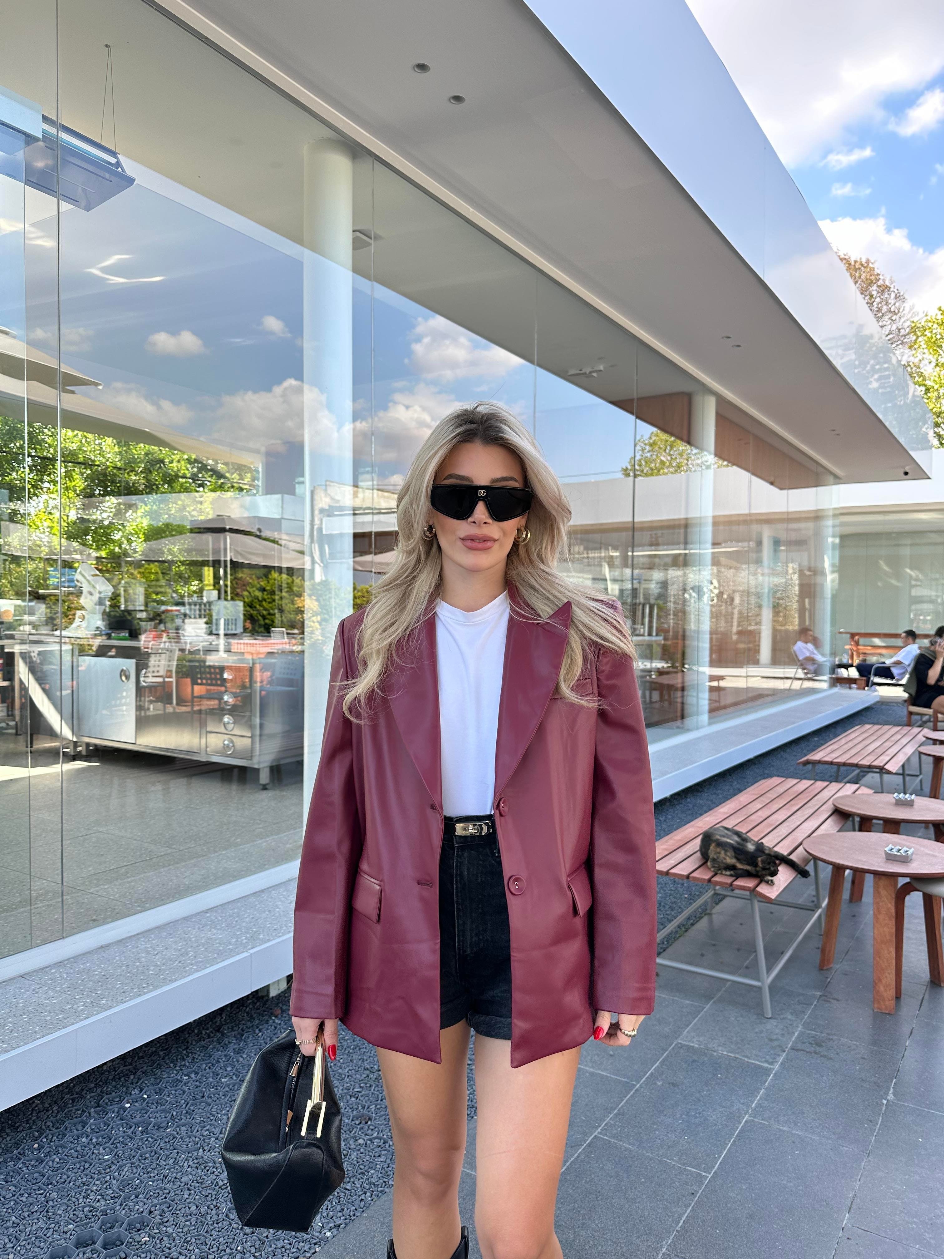 Bordo Oversize Deri Blazer Ceket