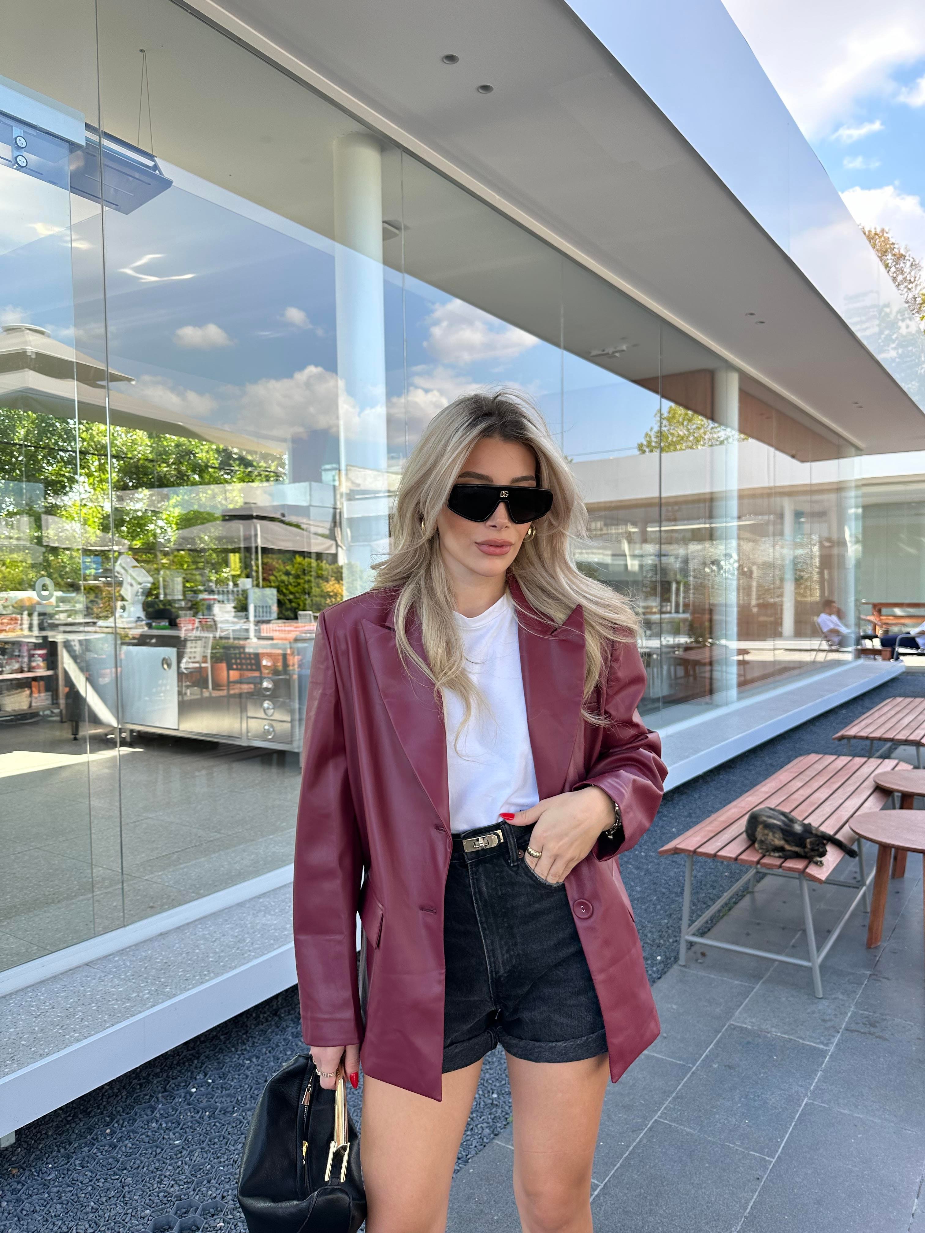 Bordo Oversize Deri Blazer Ceket