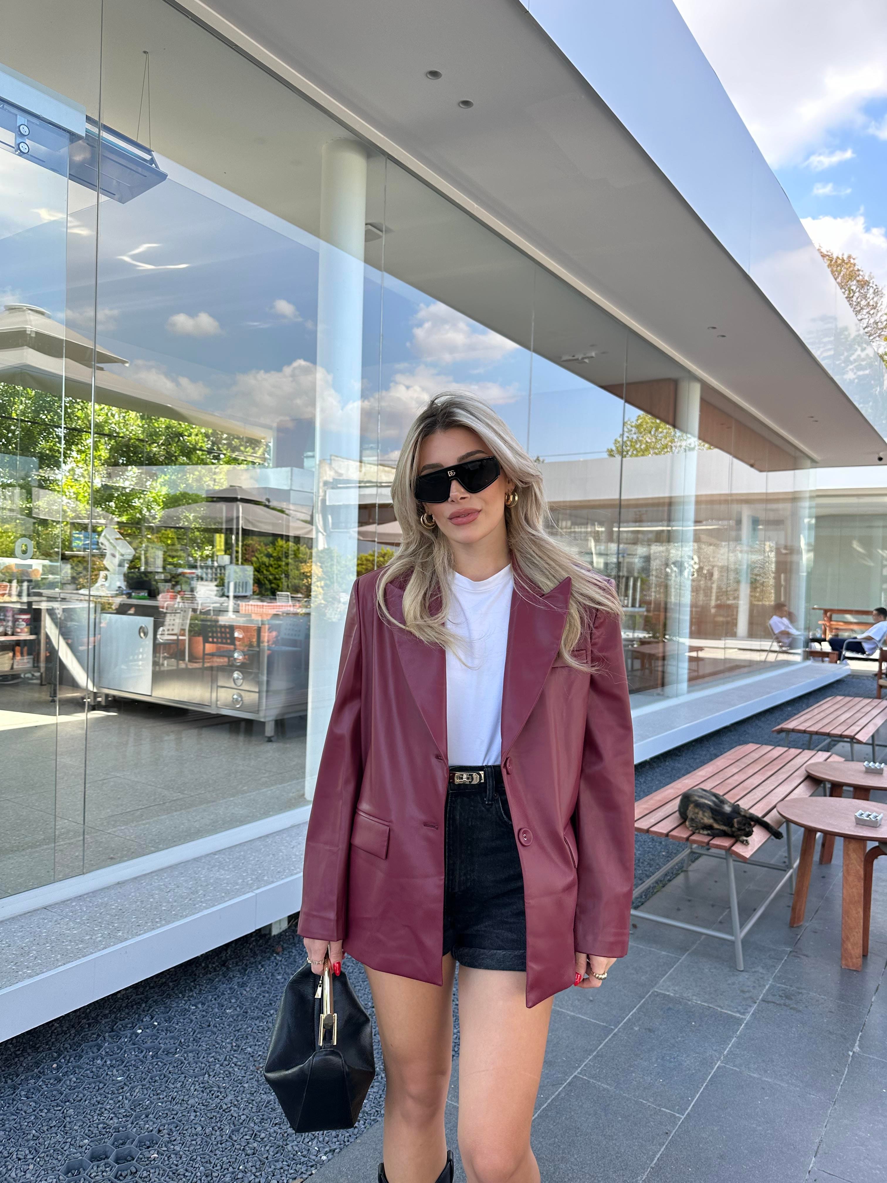 Bordo Oversize Deri Blazer Ceket